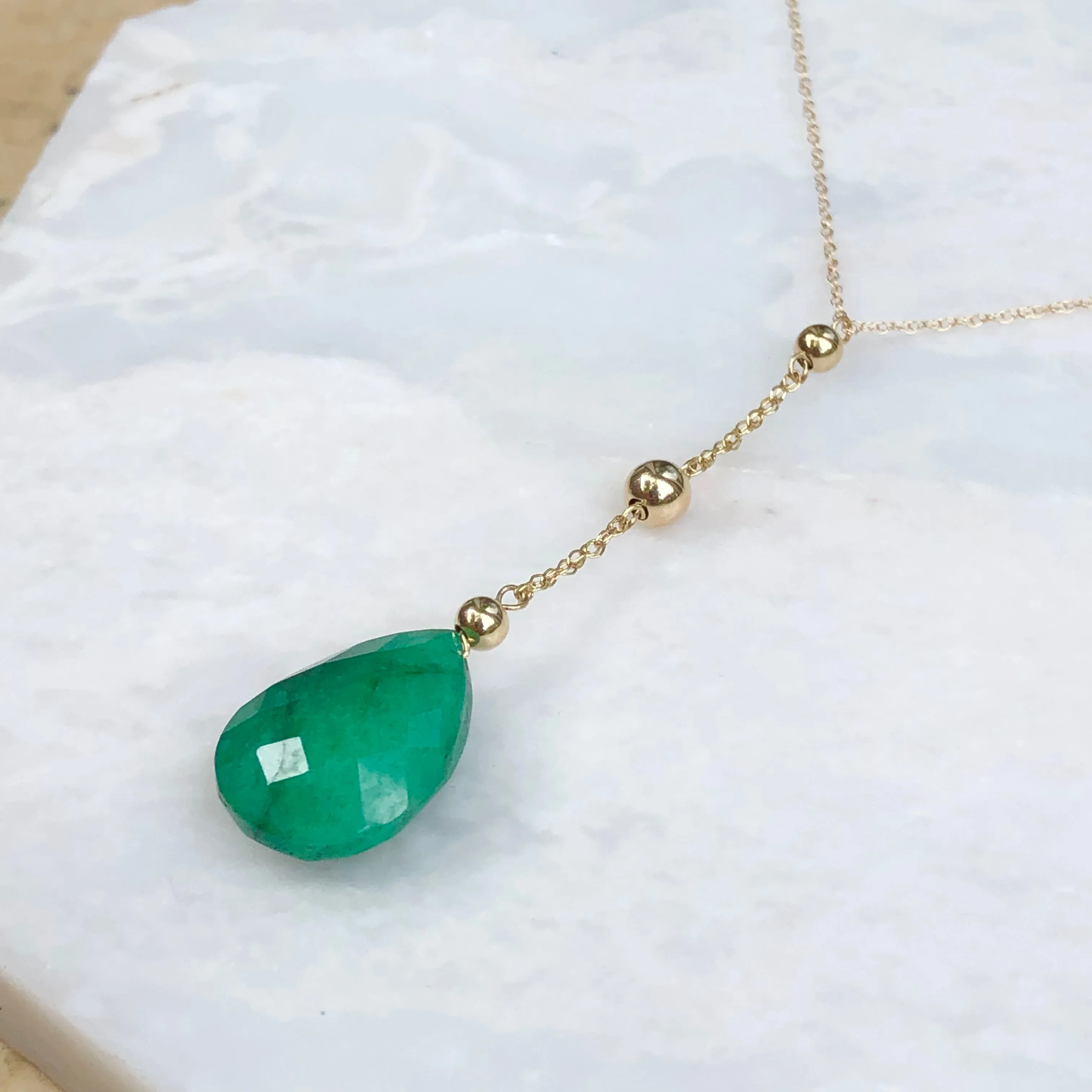 14KT Yellow Gold Pear Emerald Y Chain Lariat Necklace
