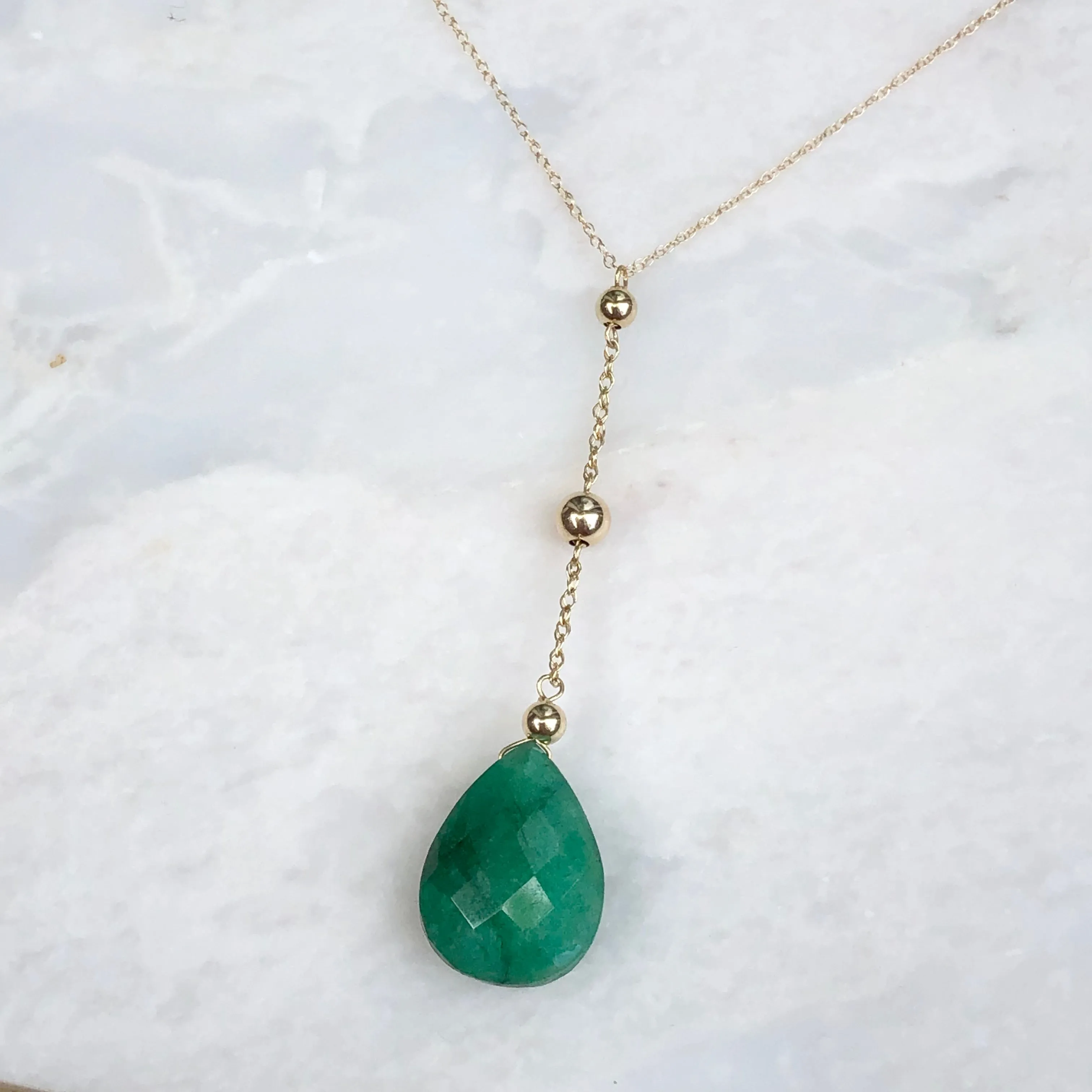 14KT Yellow Gold Pear Emerald Y Chain Lariat Necklace