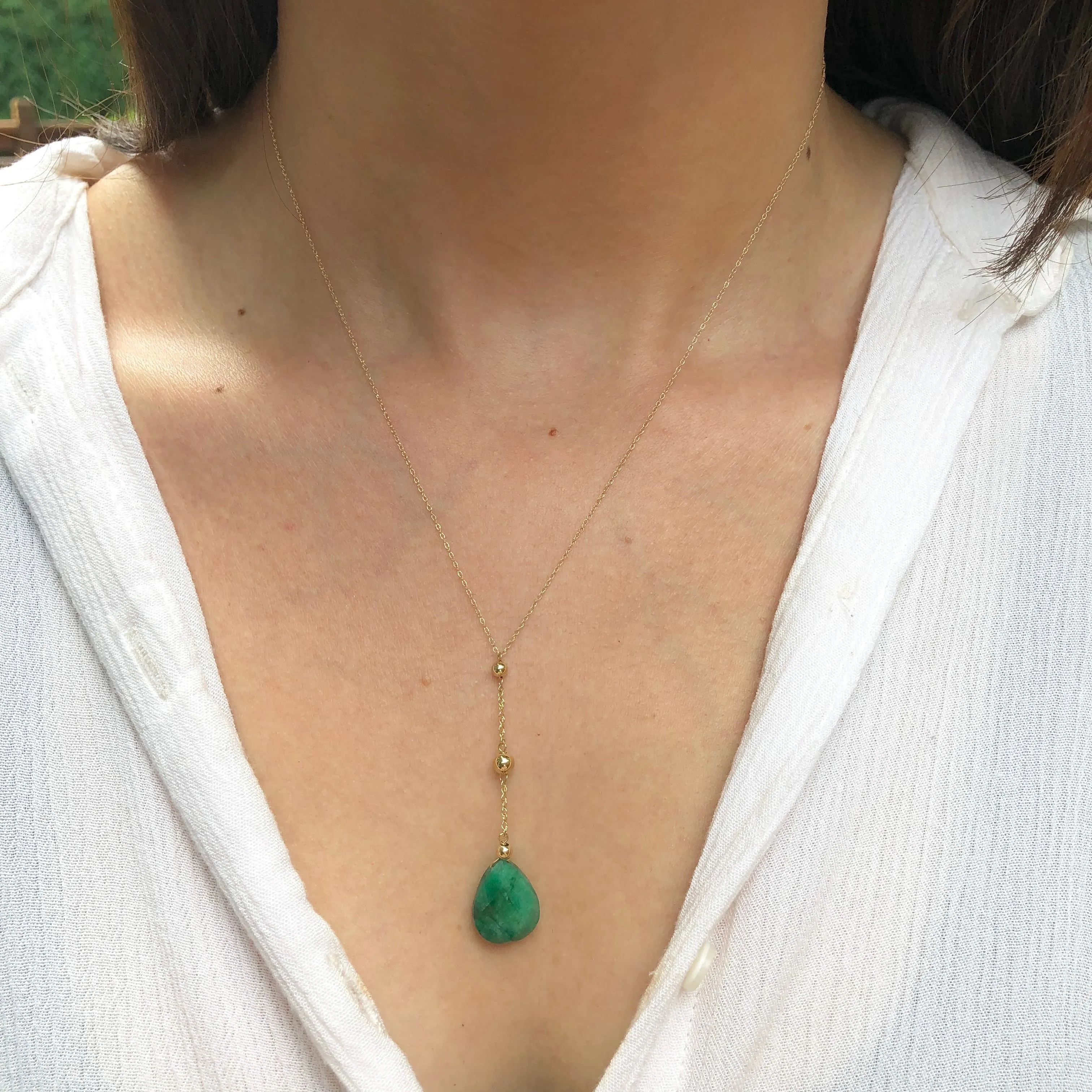 14KT Yellow Gold Pear Emerald Y Chain Lariat Necklace