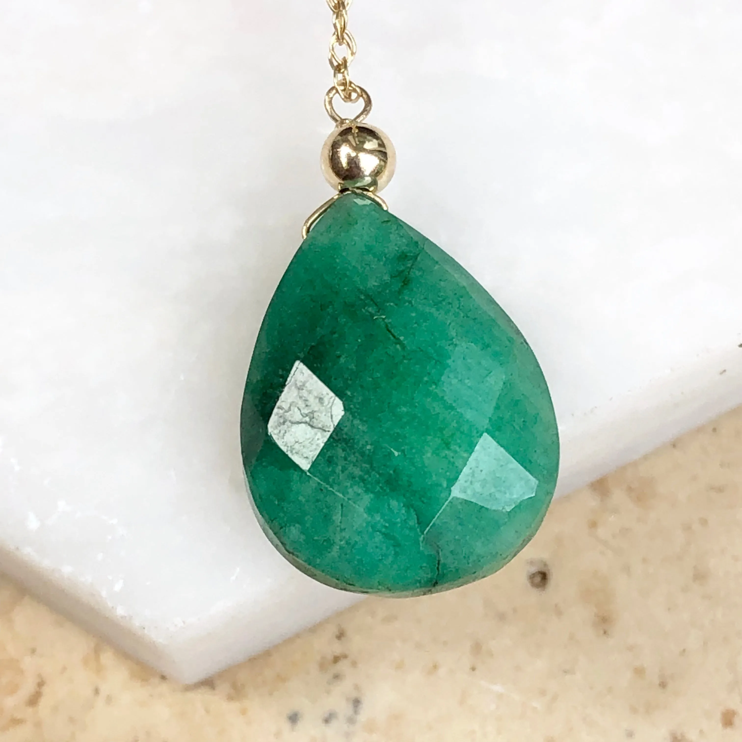 14KT Yellow Gold Pear Emerald Y Chain Lariat Necklace