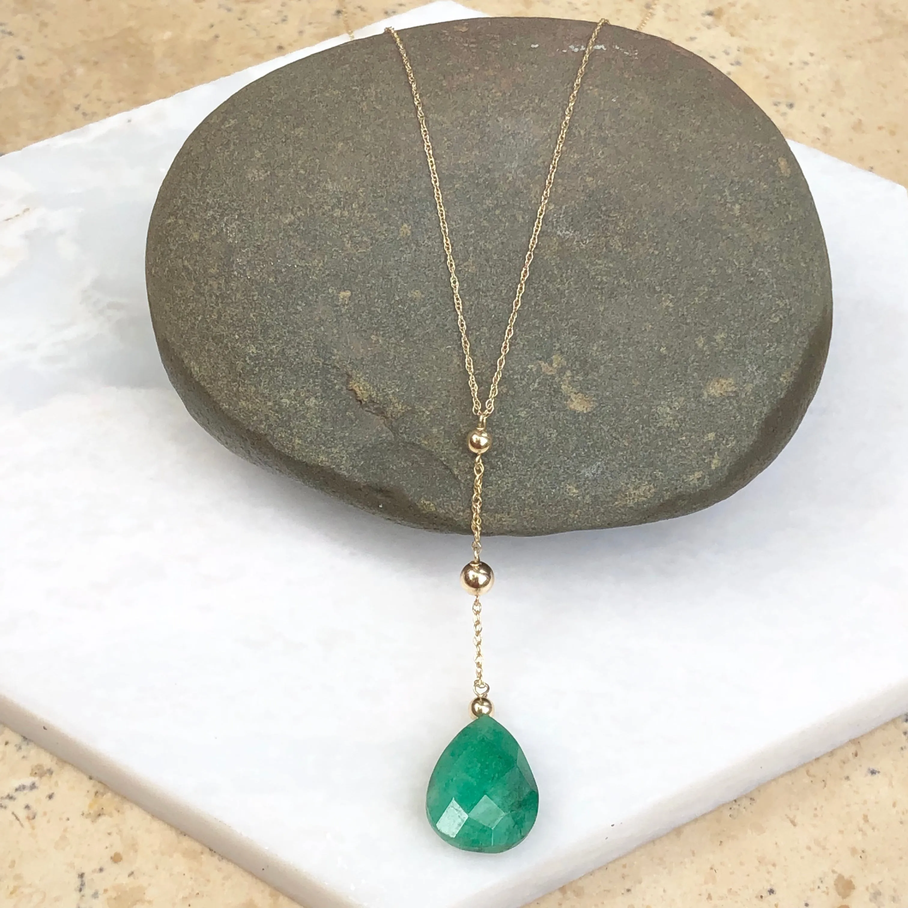 14KT Yellow Gold Pear Emerald Y Chain Lariat Necklace