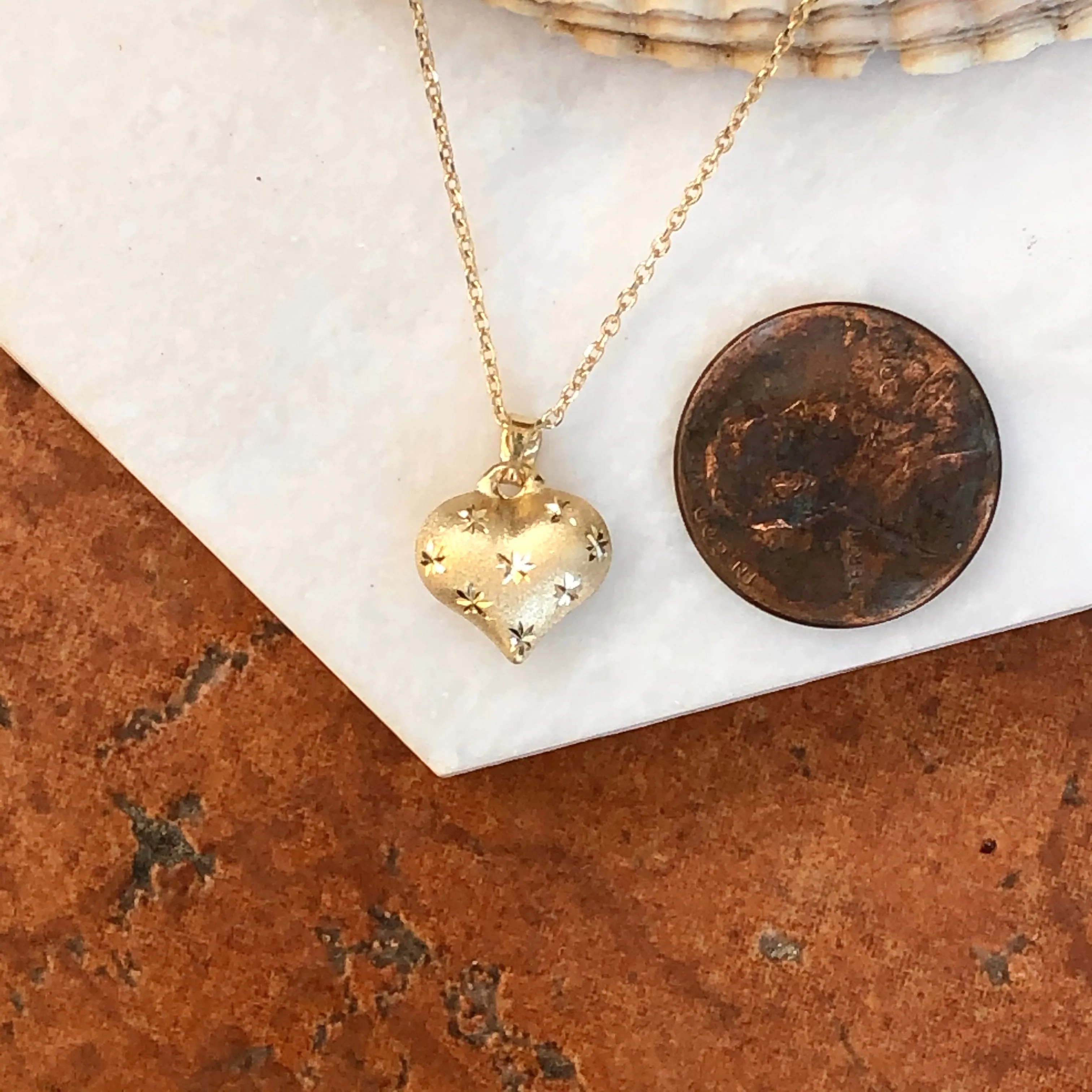 14KT Yellow Gold Satin Diamond-Cut Puffed Heart Pendant Necklace