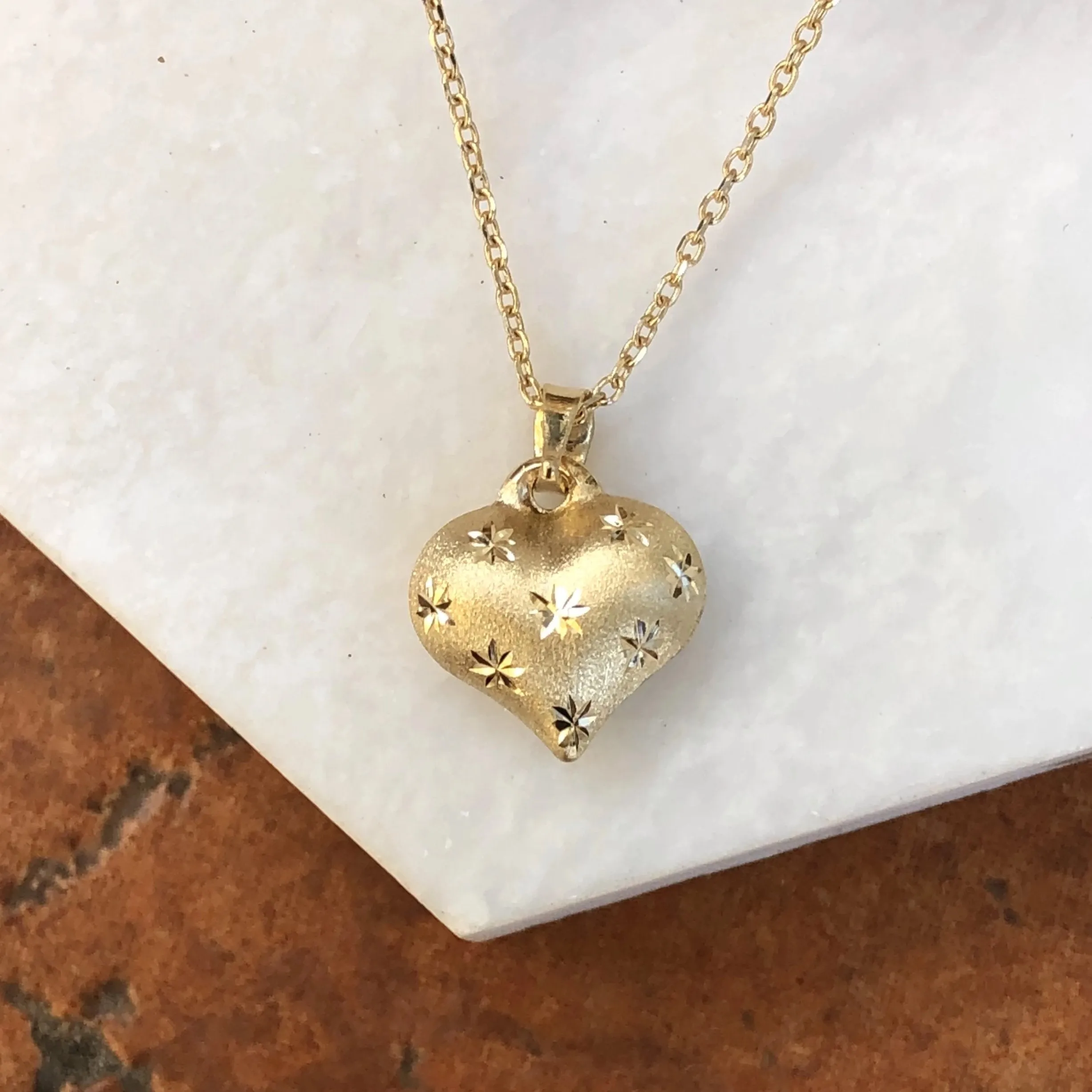 14KT Yellow Gold Satin Diamond-Cut Puffed Heart Pendant Necklace