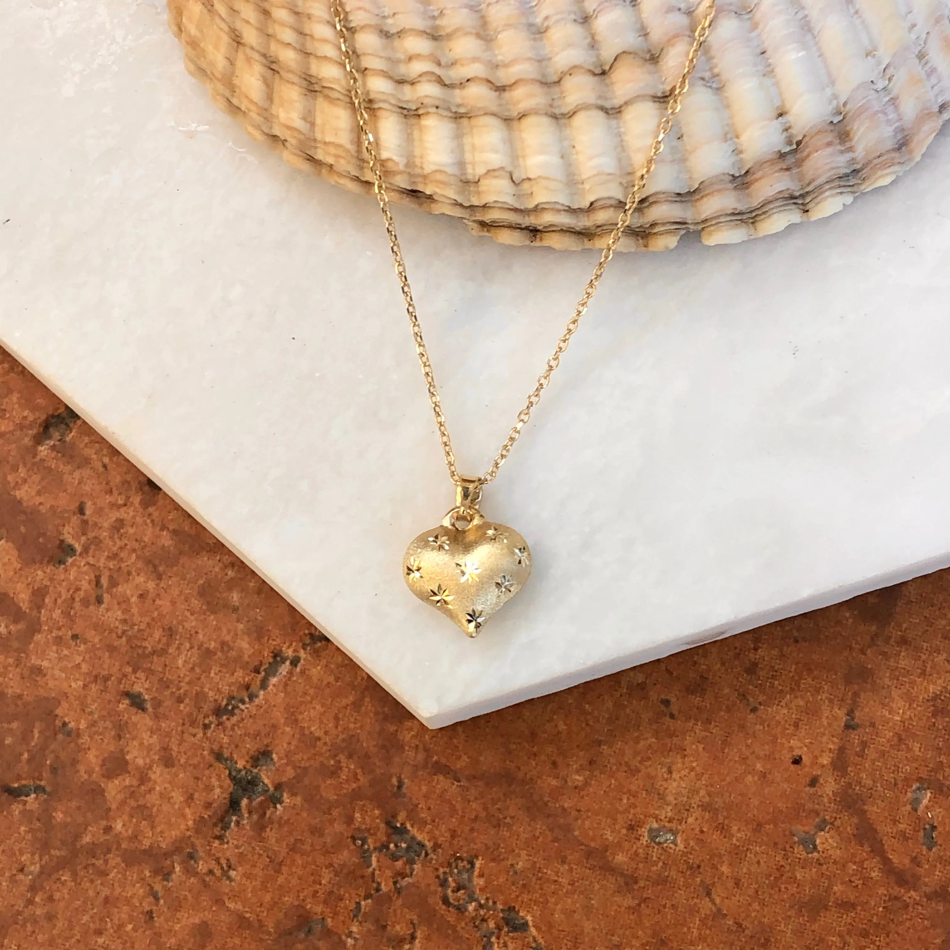14KT Yellow Gold Satin Diamond-Cut Puffed Heart Pendant Necklace