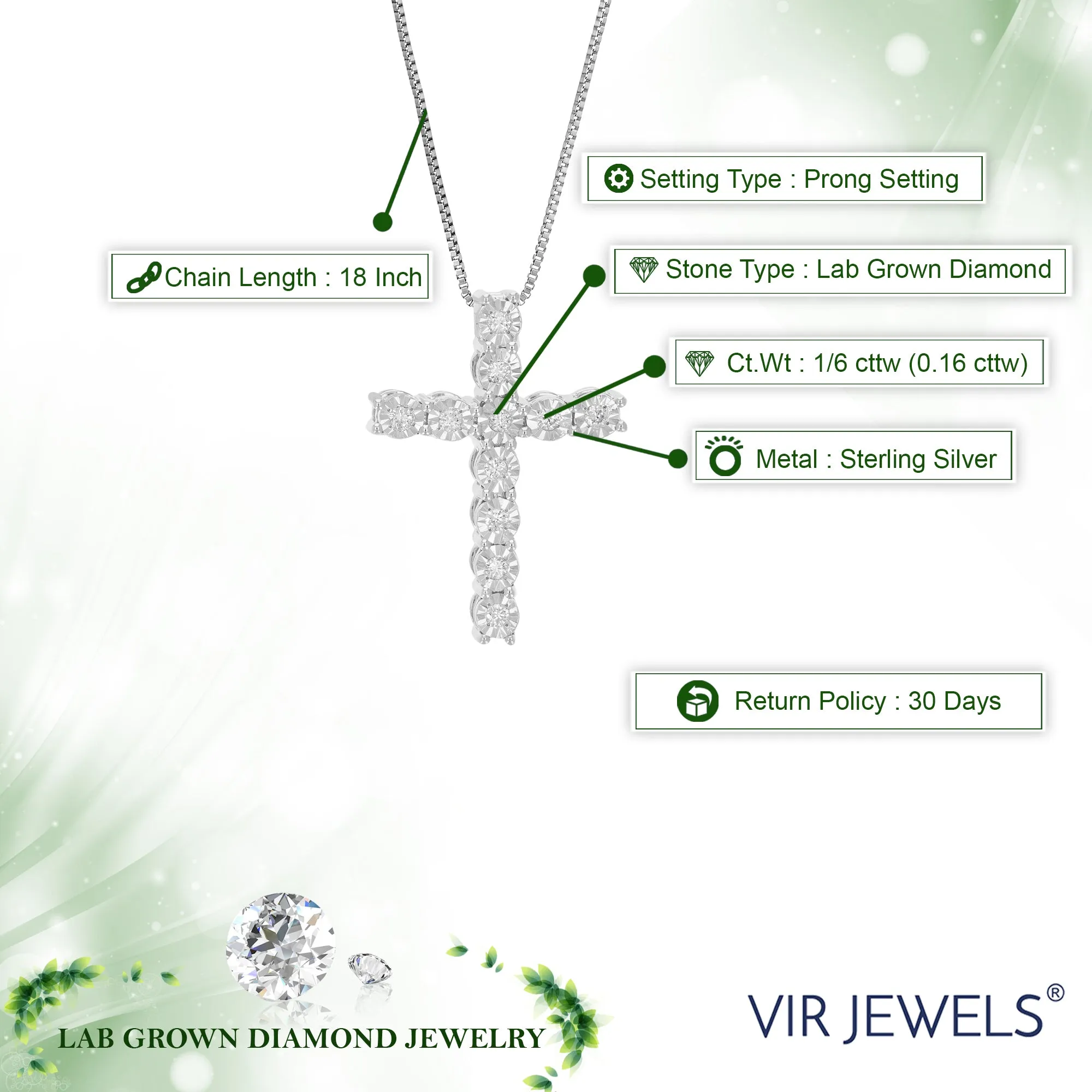 1/6 cttw Lab Grown Diamond Cross Pendant Necklace Sterling Silver