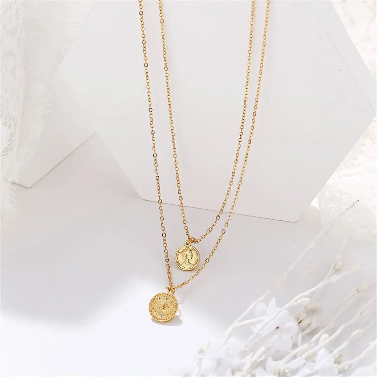 18K Gold-Plated Eye Coin Layered Pendant Necklace
