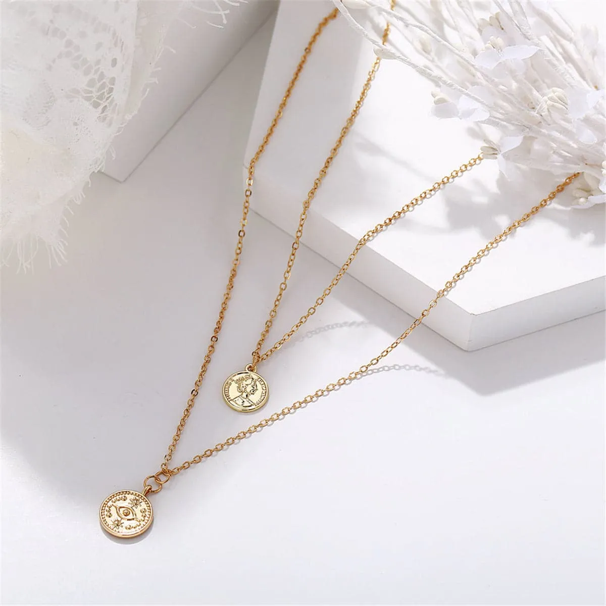 18K Gold-Plated Eye Coin Layered Pendant Necklace