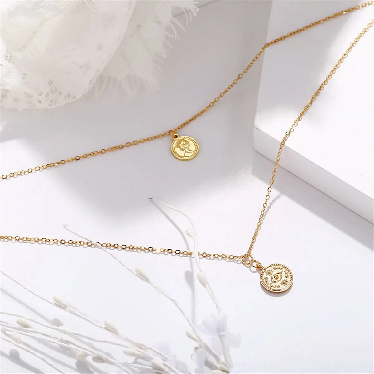 18K Gold-Plated Eye Coin Layered Pendant Necklace