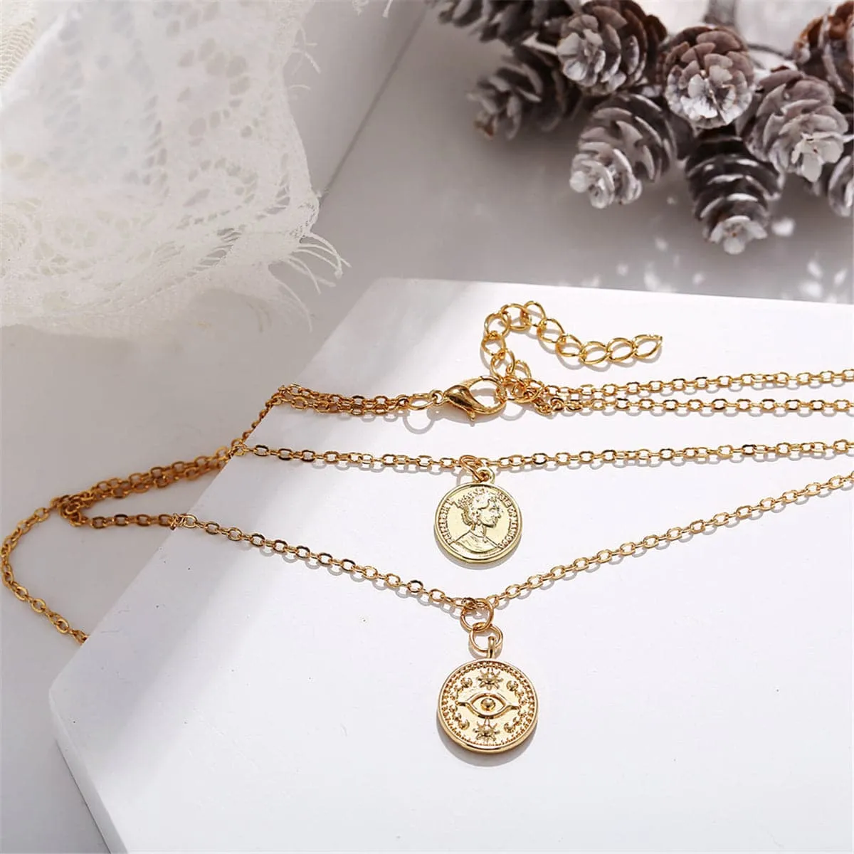 18K Gold-Plated Eye Coin Layered Pendant Necklace