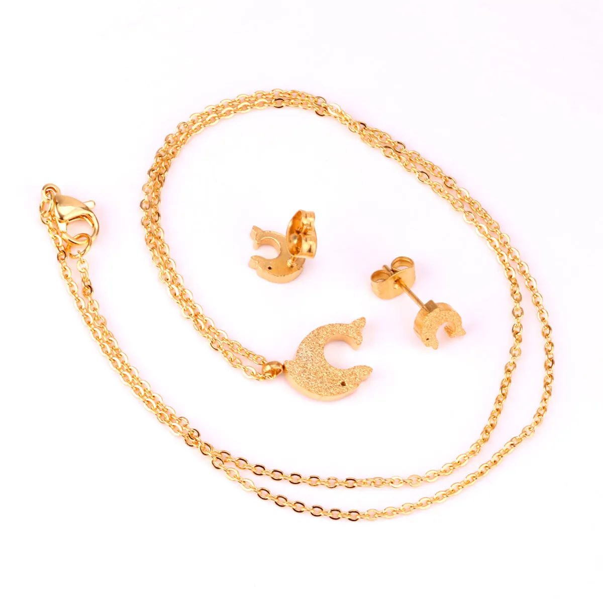 18K Gold-Plated Frosted Dolphin Stud Earrings & Pendant Necklace