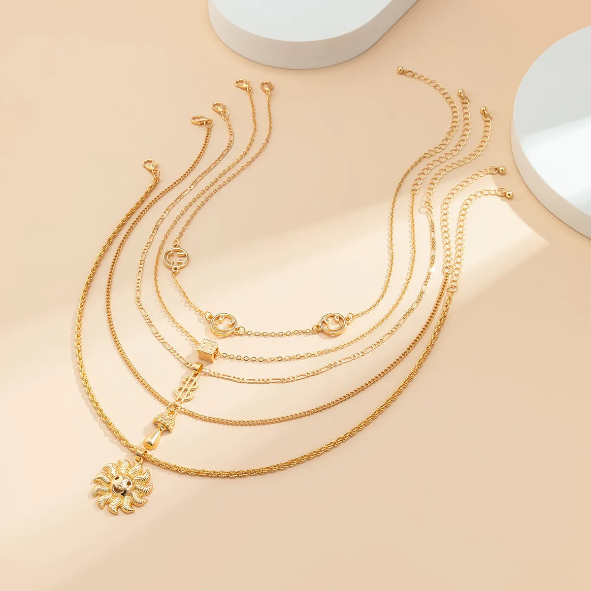 18K Gold-Plated Smiley & Sun Pendant Necklace Set