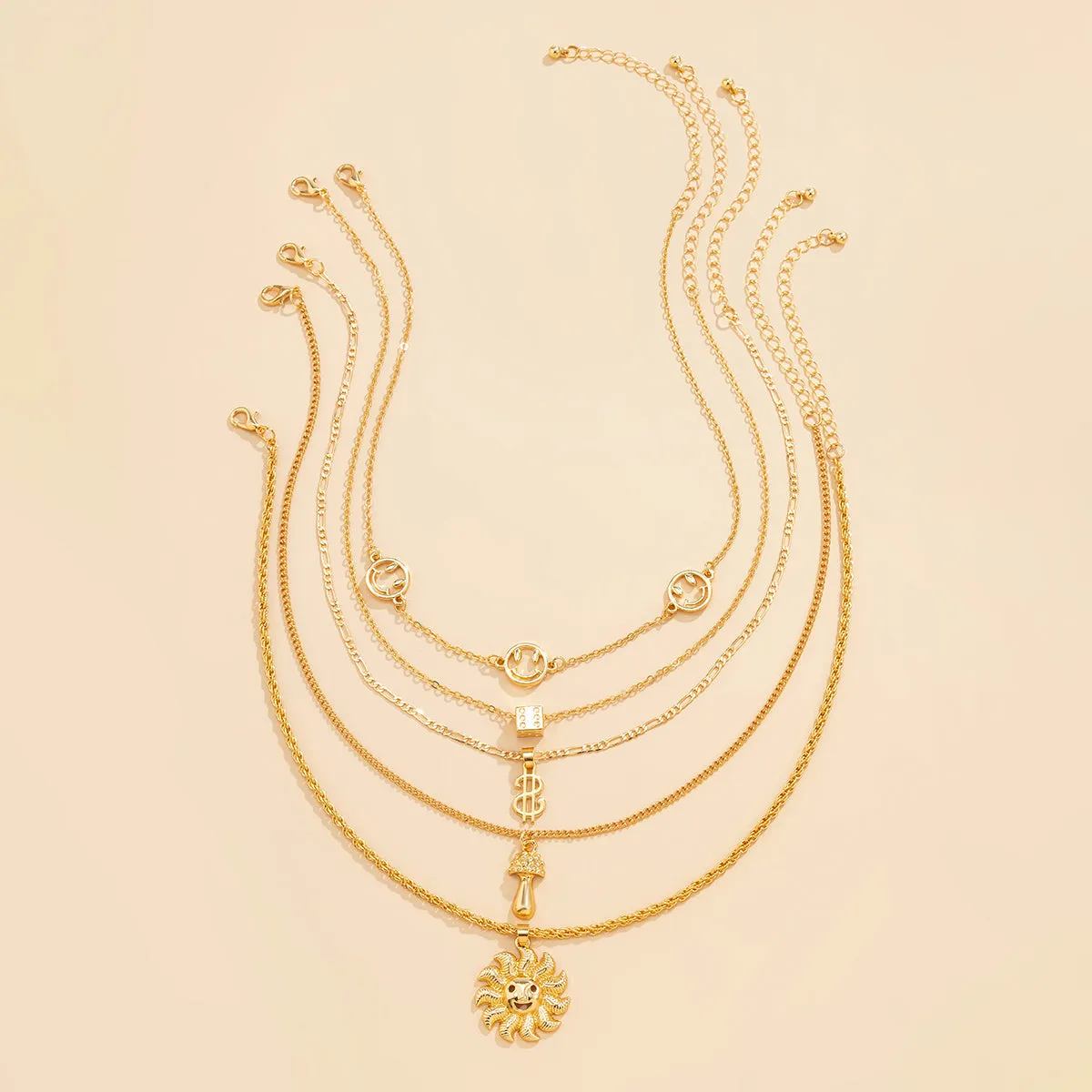 18K Gold-Plated Smiley & Sun Pendant Necklace Set