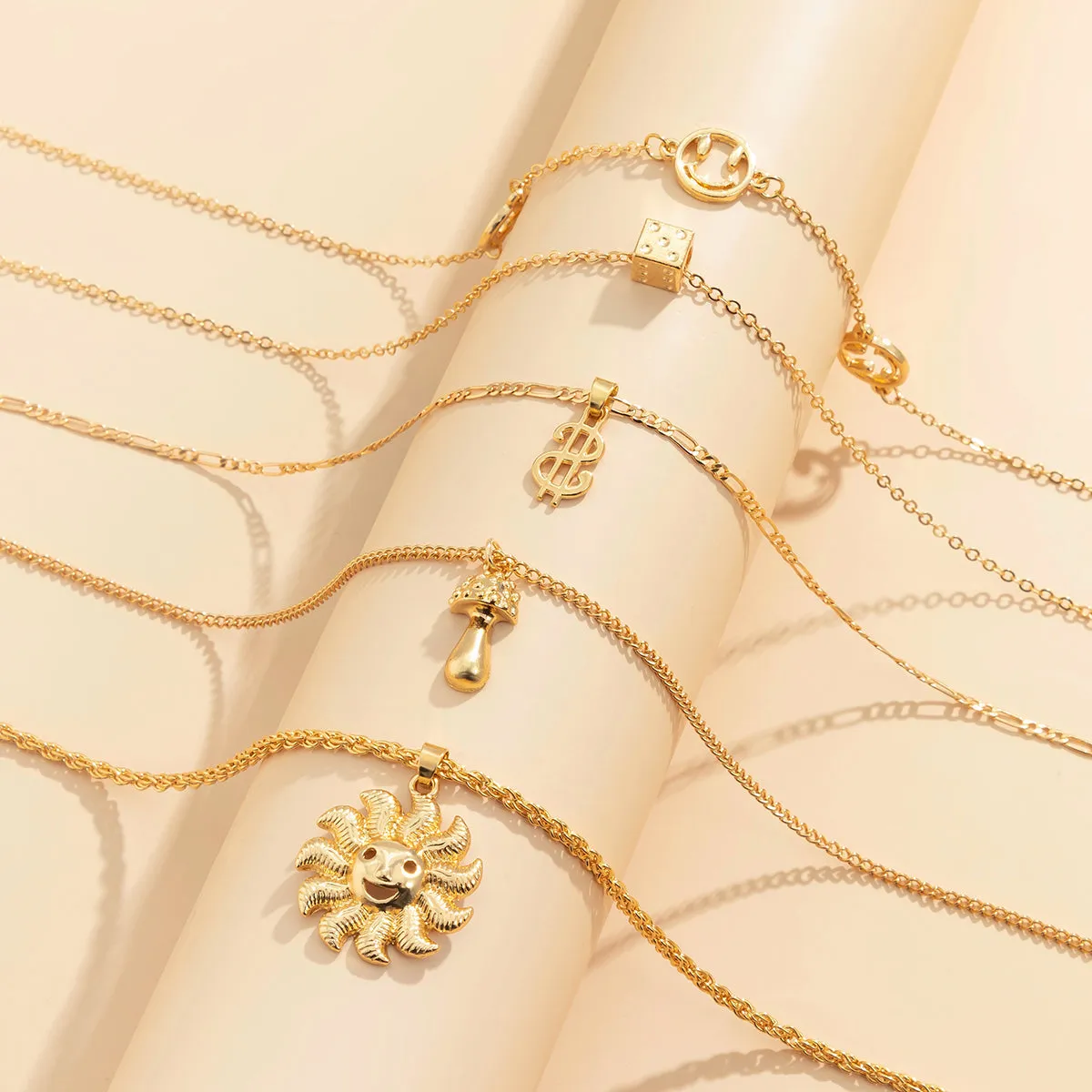 18K Gold-Plated Smiley & Sun Pendant Necklace Set