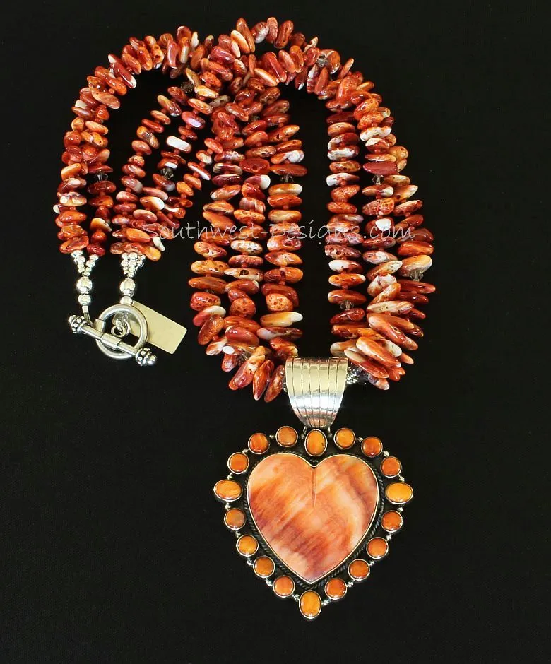 19-Stone Spiny Oyster Shell and Sterling Silver Heart Pendant with 3 Strands of Spiny Oyster Shell Nuggets, Coral Rounds, Fire Polished Glass and Sterling Silver