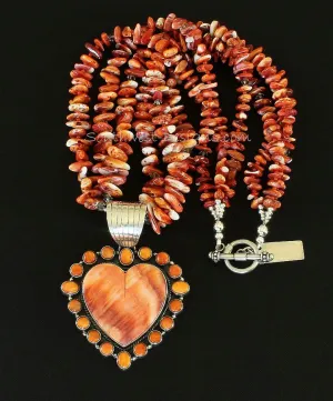19-Stone Spiny Oyster Shell and Sterling Silver Heart Pendant with 3 Strands of Spiny Oyster Shell Nuggets, Coral Rounds, Fire Polished Glass and Sterling Silver