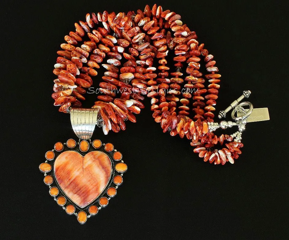 19-Stone Spiny Oyster Shell and Sterling Silver Heart Pendant with 3 Strands of Spiny Oyster Shell Nuggets, Coral Rounds, Fire Polished Glass and Sterling Silver