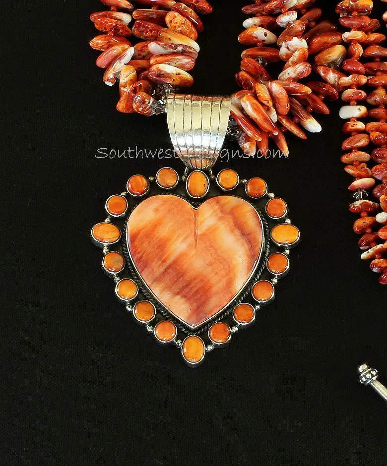 19-Stone Spiny Oyster Shell and Sterling Silver Heart Pendant with 3 Strands of Spiny Oyster Shell Nuggets, Coral Rounds, Fire Polished Glass and Sterling Silver