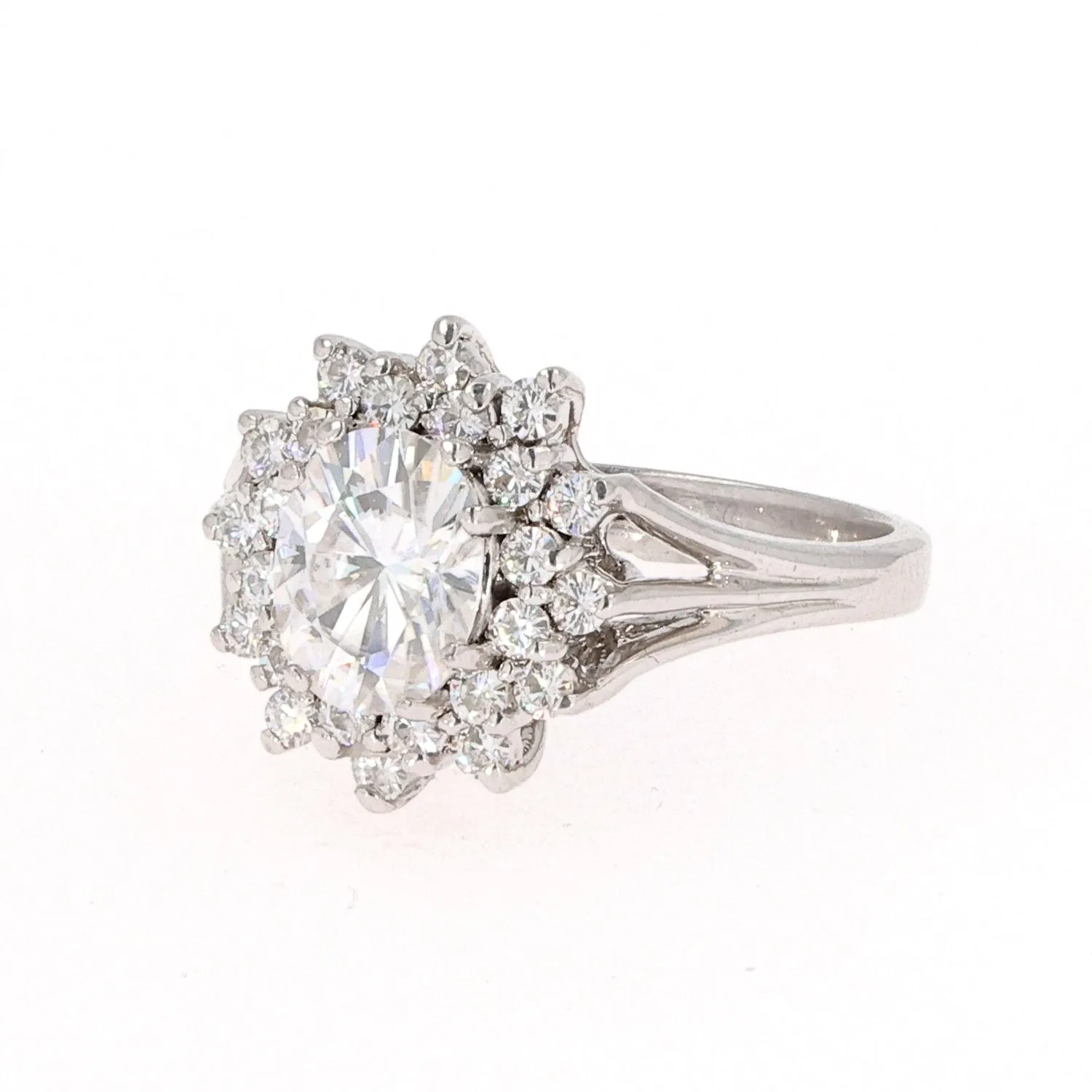 1.98 CTW DEW Oval Moissanite Floral Halo Ring in Sterling Silver