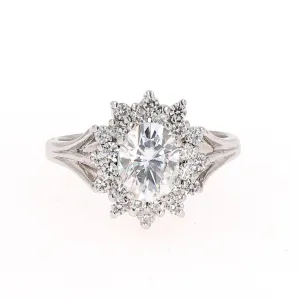 1.98 CTW DEW Oval Moissanite Floral Halo Ring in Sterling Silver
