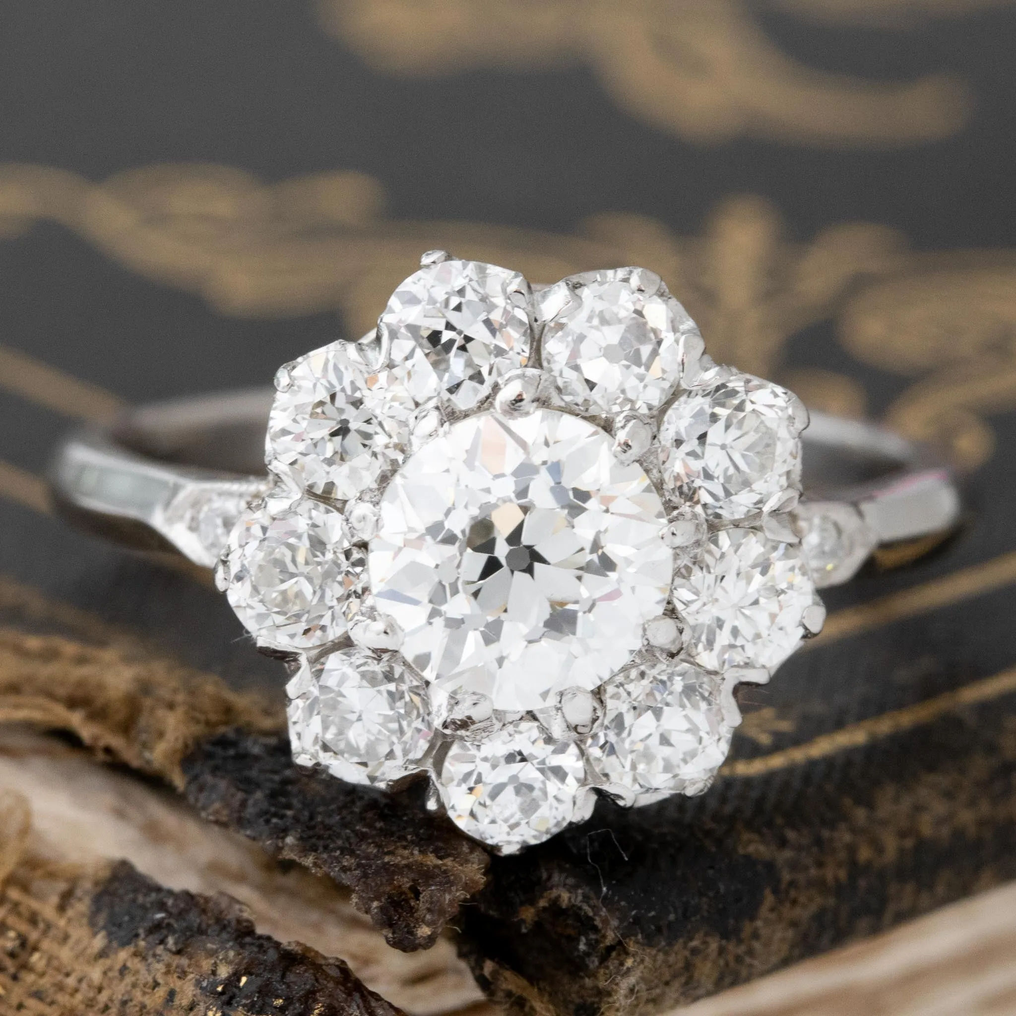2.20ctw Antique Old European Cut Diamond Cluster Ring, GIA J VS2