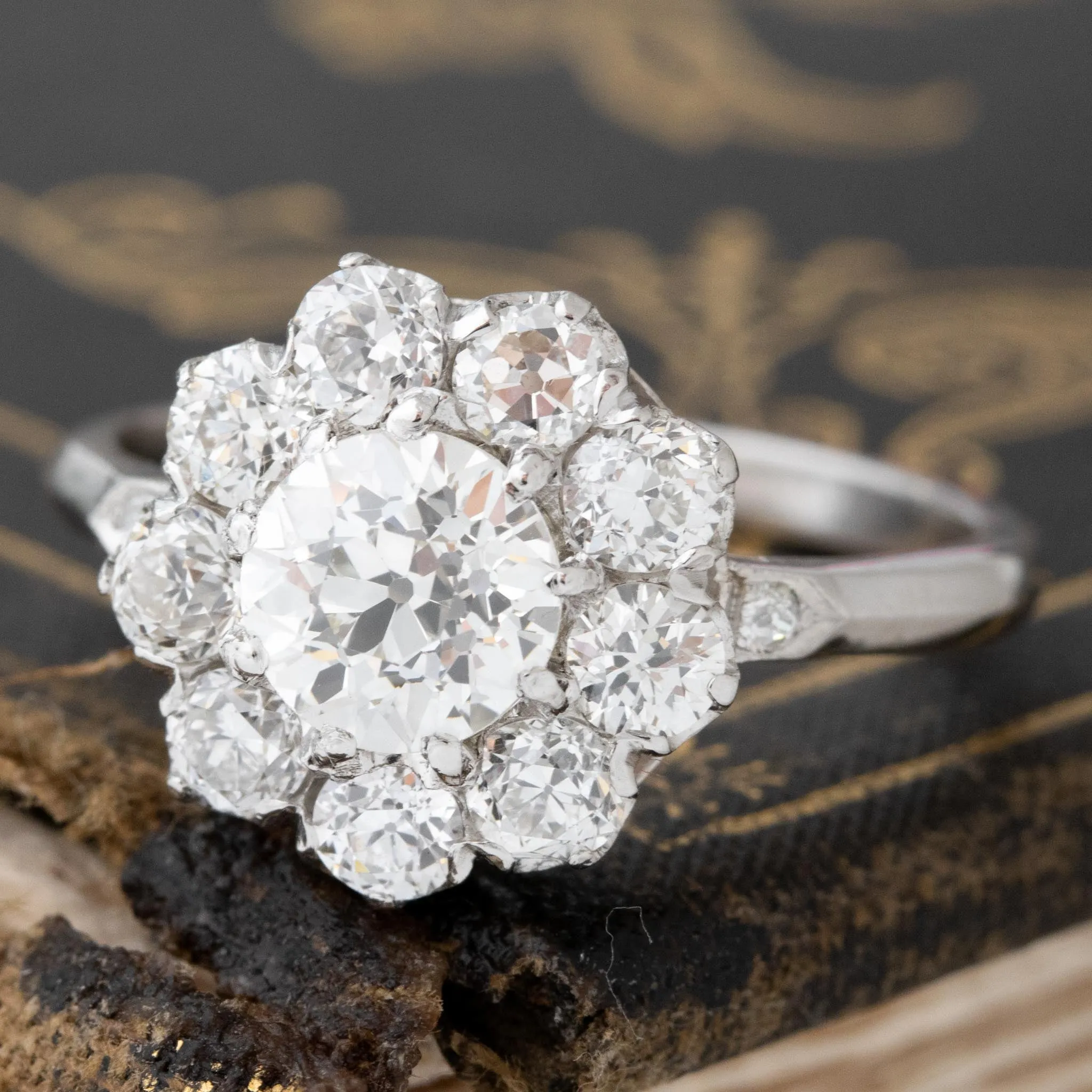 2.20ctw Antique Old European Cut Diamond Cluster Ring, GIA J VS2