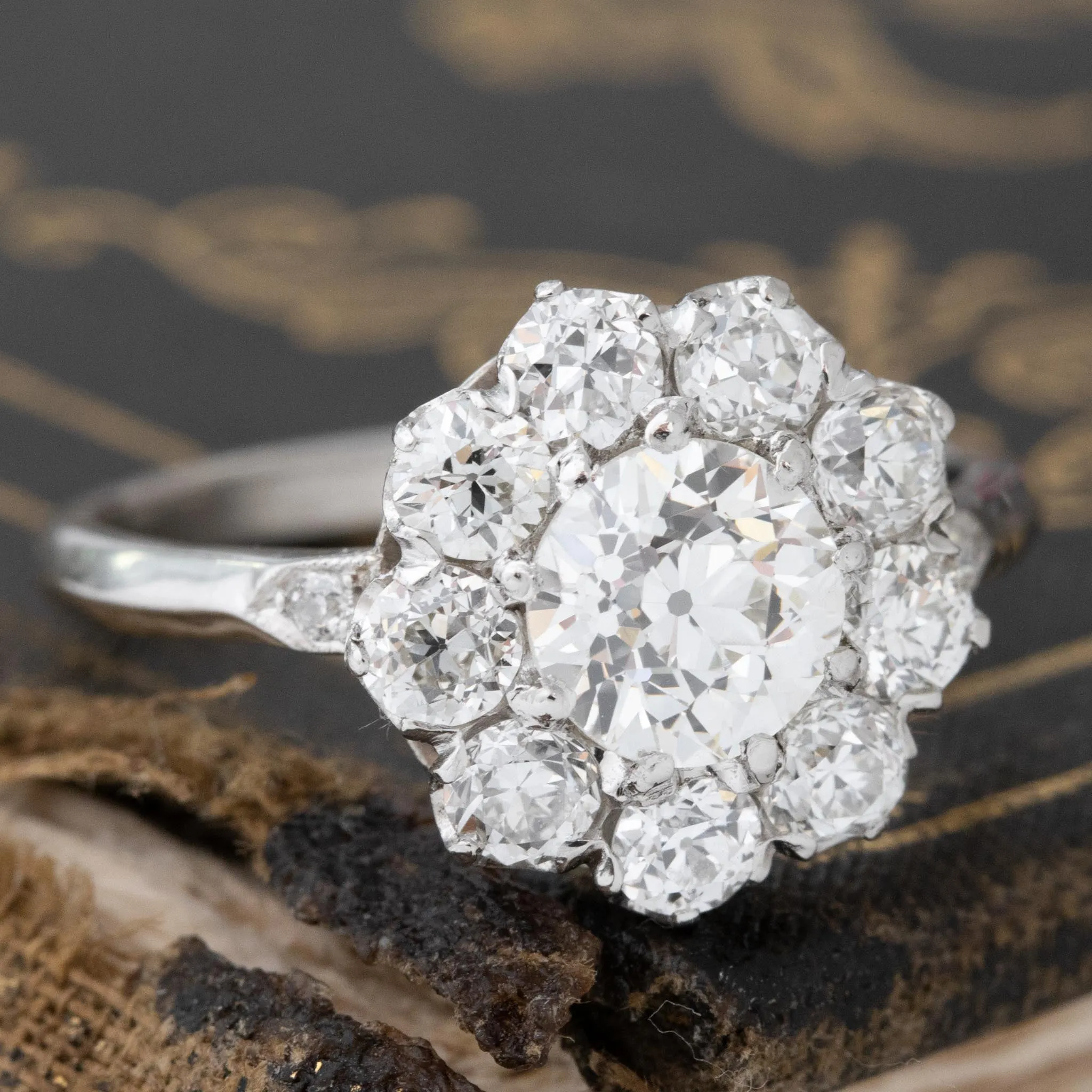 2.20ctw Antique Old European Cut Diamond Cluster Ring, GIA J VS2