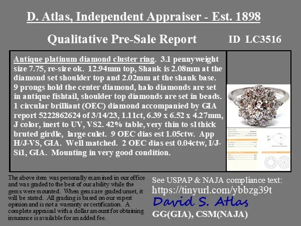 2.20ctw Antique Old European Cut Diamond Cluster Ring, GIA J VS2