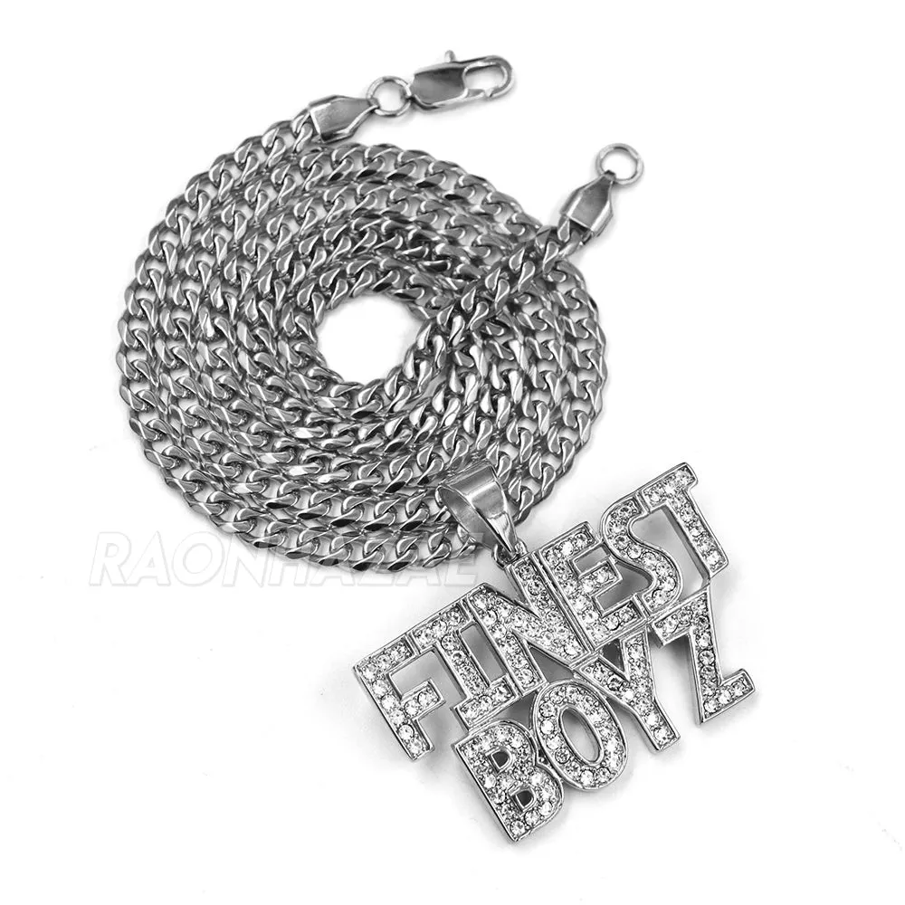316L Stainless Blinged Out FINEST BOYZ in the Game Lettered Pendant w/ 4mm Miami Cuba Chain