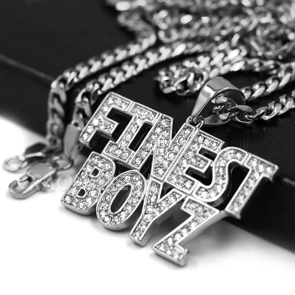 316L Stainless Blinged Out FINEST BOYZ in the Game Lettered Pendant w/ 4mm Miami Cuba Chain