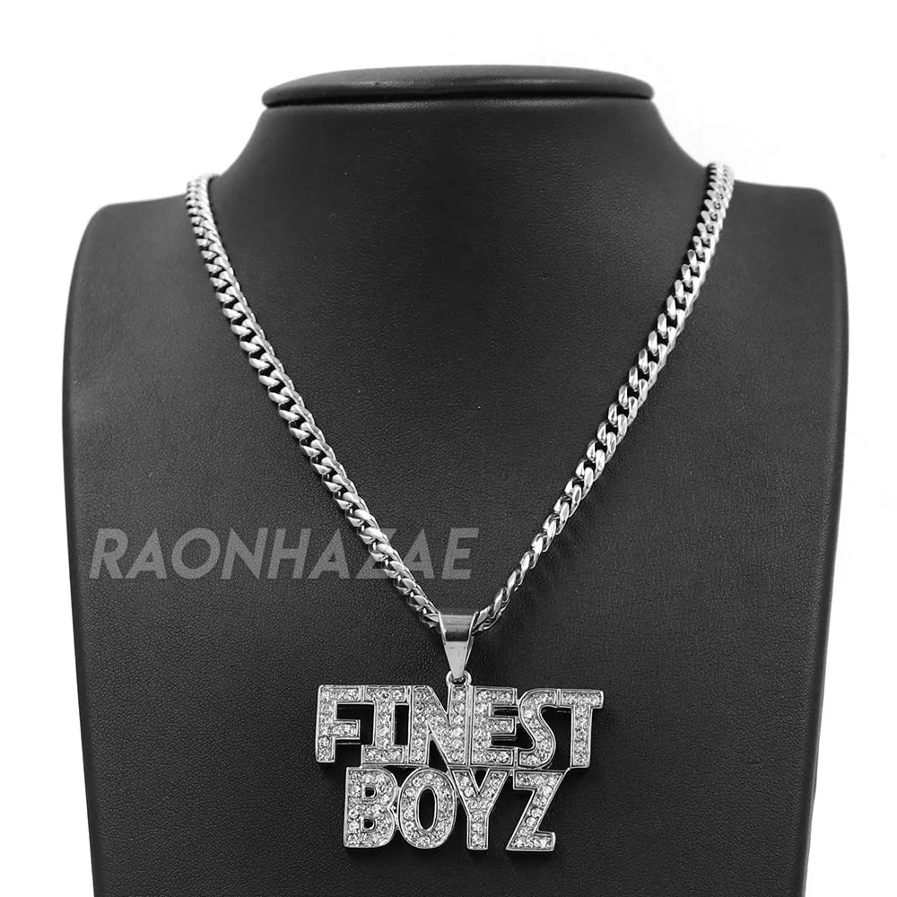 316L Stainless Blinged Out FINEST BOYZ in the Game Lettered Pendant w/ 4mm Miami Cuba Chain