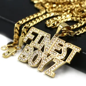 316L Stainless Blinged Out FINEST BOYZ in the Game Lettered Pendant w/ 4mm Miami Cuba Chain