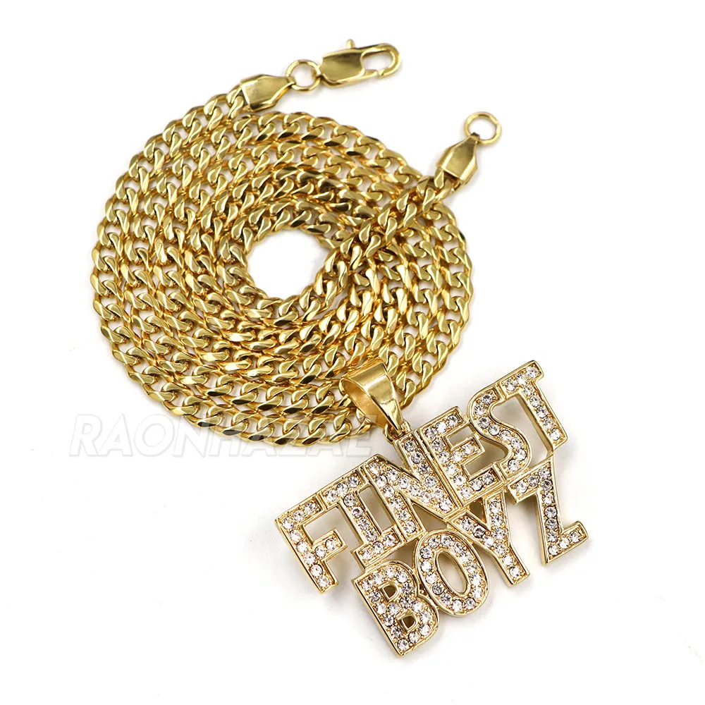 316L Stainless Blinged Out FINEST BOYZ in the Game Lettered Pendant w/ 4mm Miami Cuba Chain