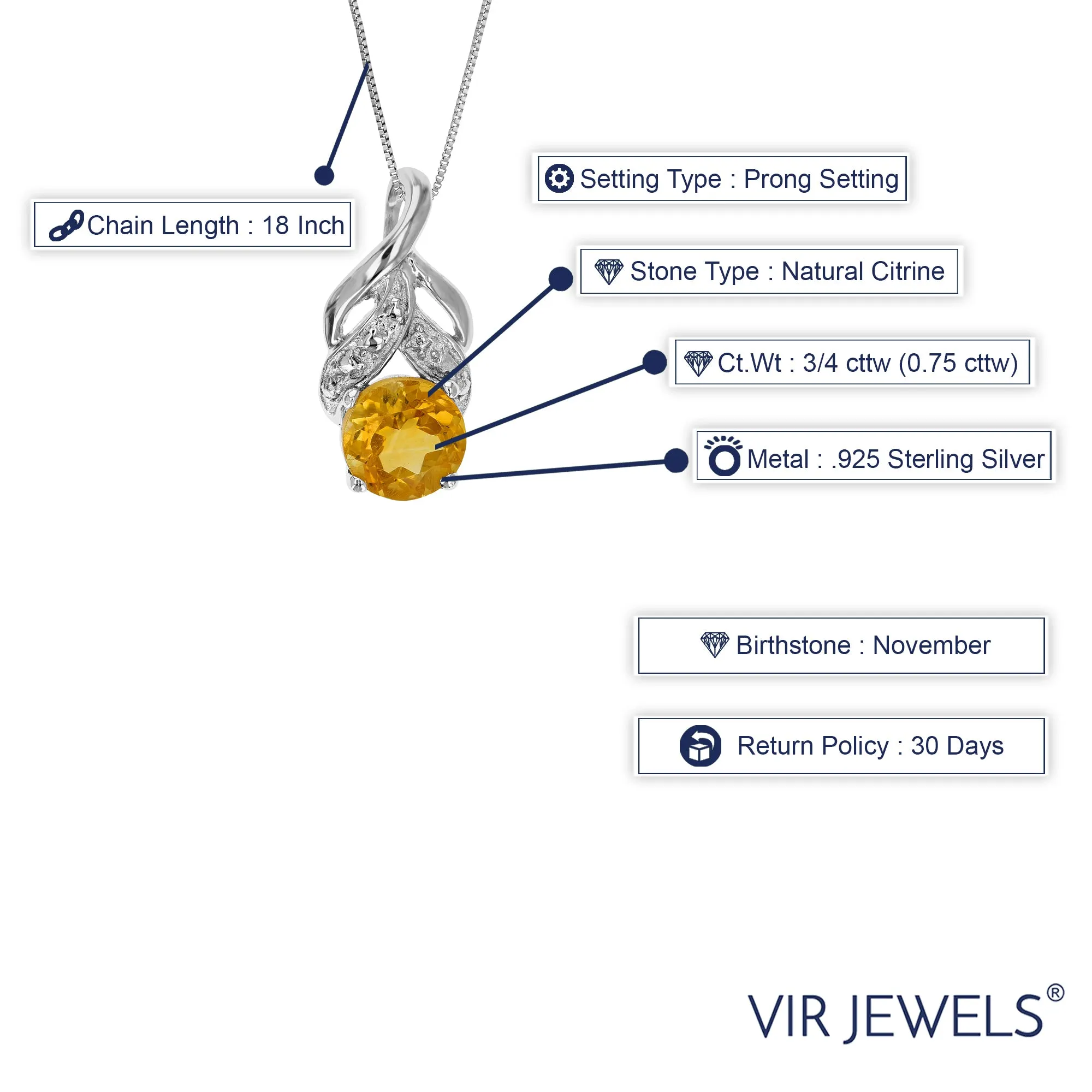 3/4 cttw Pendant Necklace, Citrine Pendant Necklace for Women in .925 Sterling Silver with Rhodium, 18 Inch Chain, Prong Setting