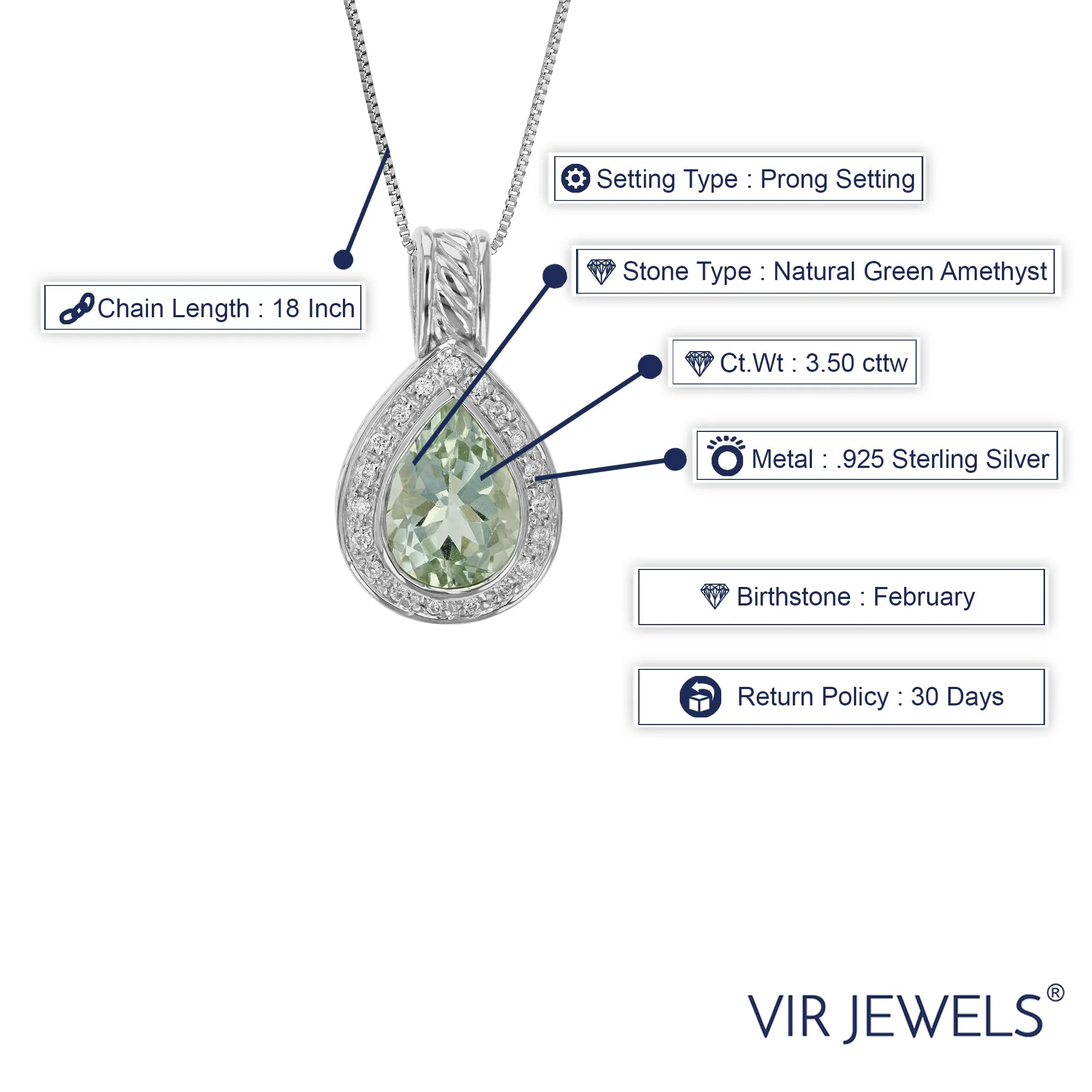 3.50 cttw Pendant Necklace, Green Amethyst Pear Shape Pendant Necklace for Women in .925 Sterling Silver with Rhodium, 18 Inch Chain, Prong Setting