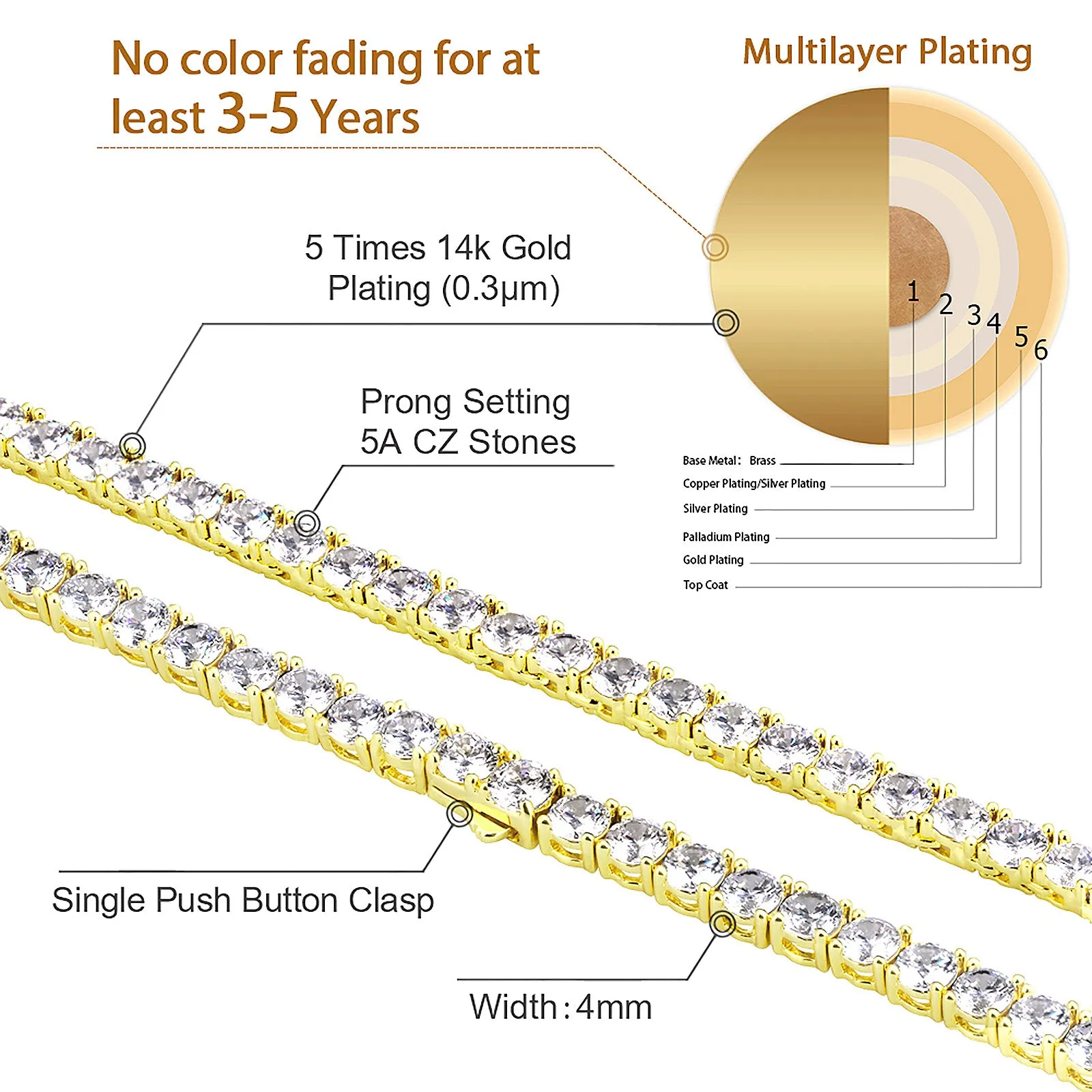 4mm 14K Gold/White Gold CZ Diamond Mens Tennis Chain Necklace KRKC