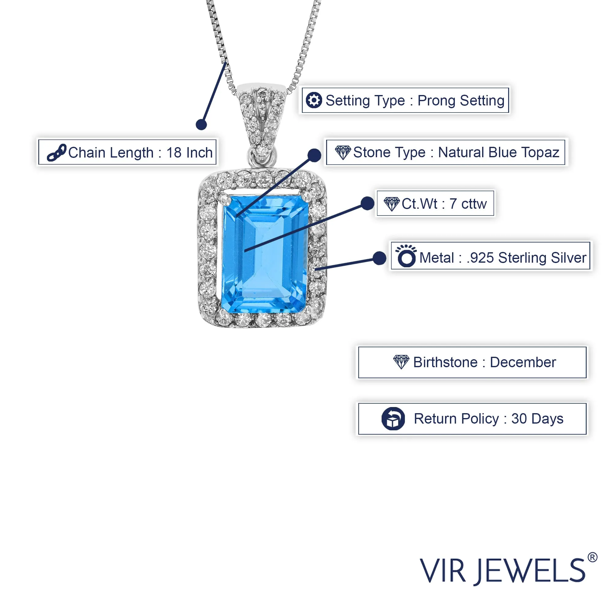 7 cttw Pendant Necklace, Blue Topaz Pendant Necklace for Women in .925 Sterling Silver with 18 Inch Chain, Prong Setting