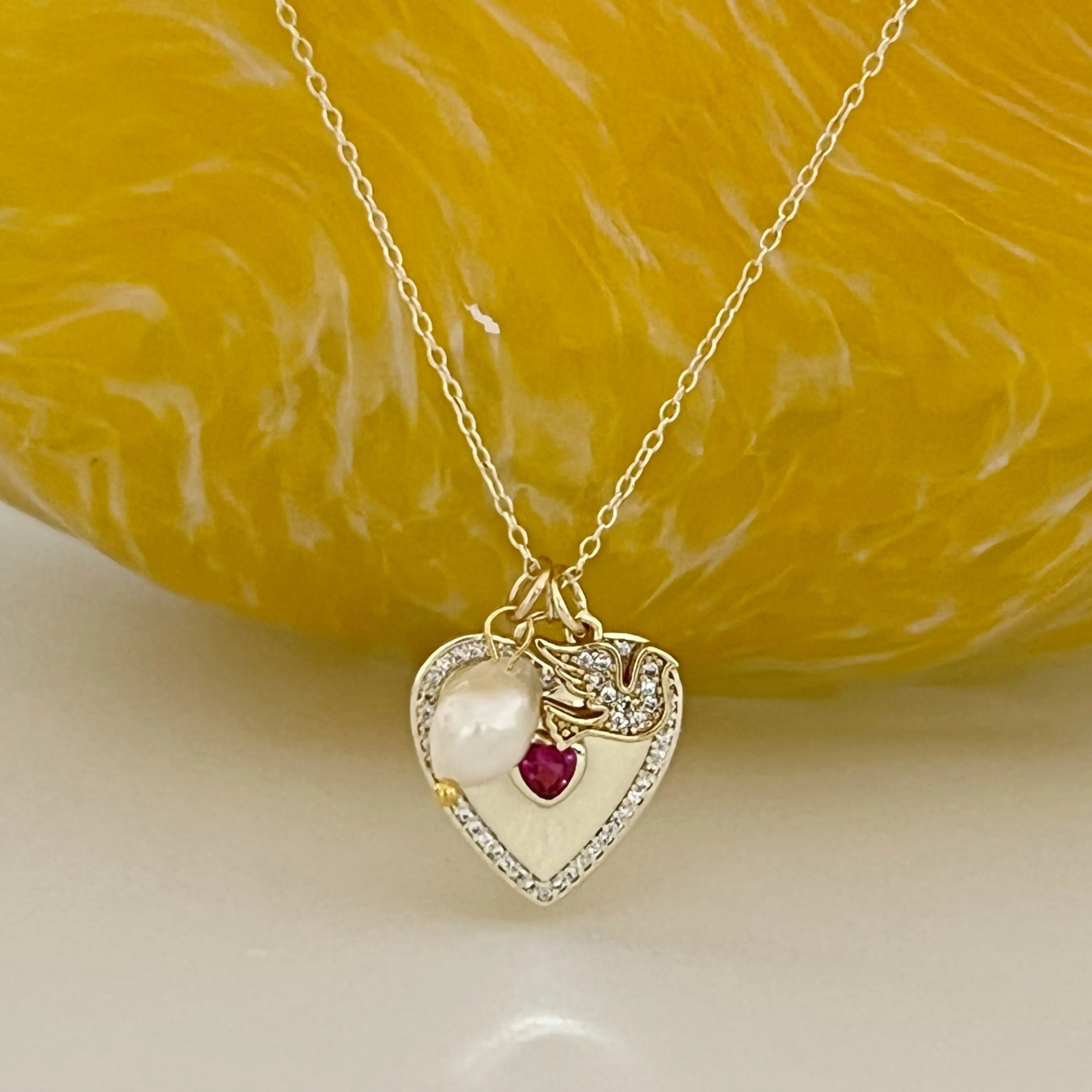 925 Sterling Silver Heart & Bird Necklace - Gold