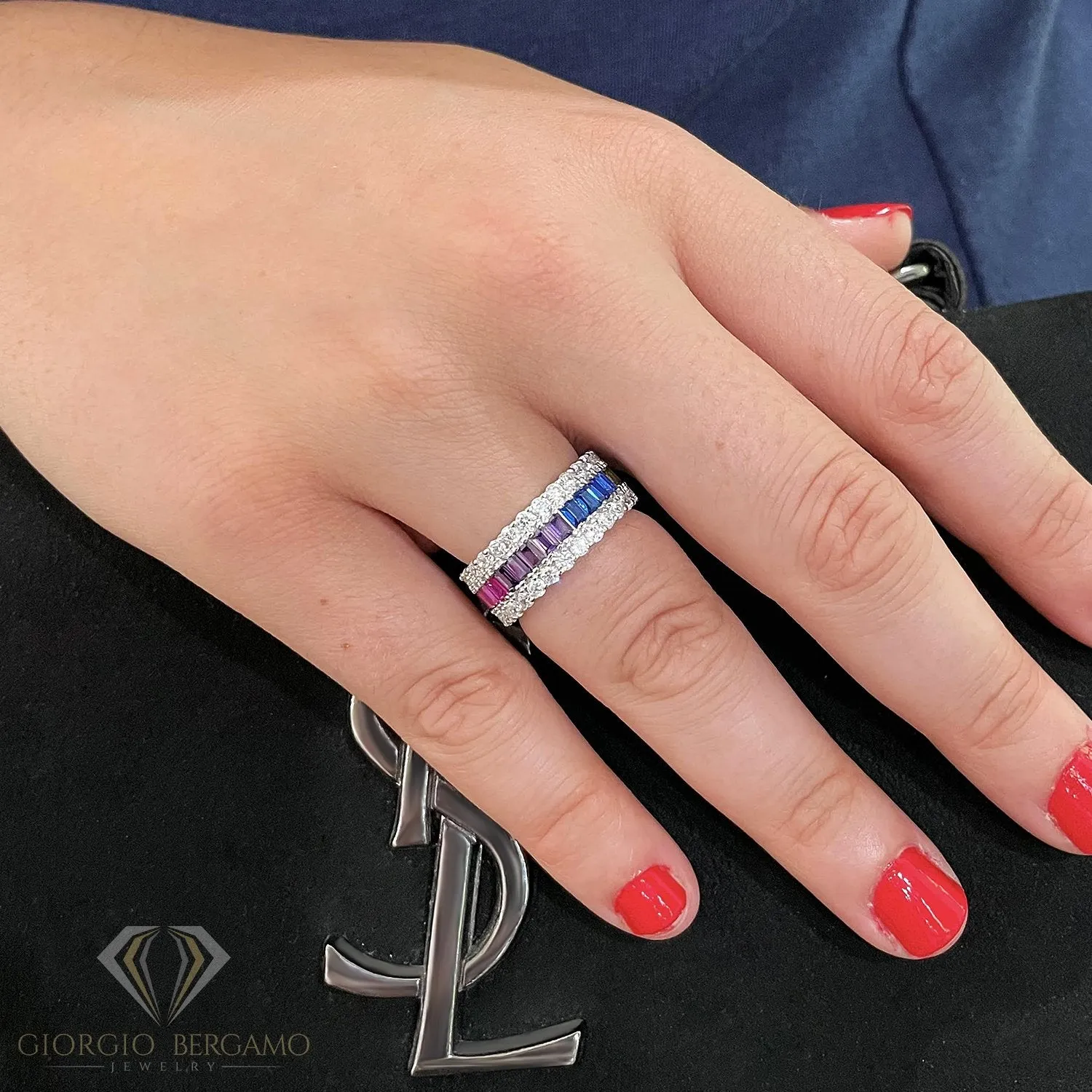 925 Sterling Silver Micro Pave Rainbow Baguette Eternity Band