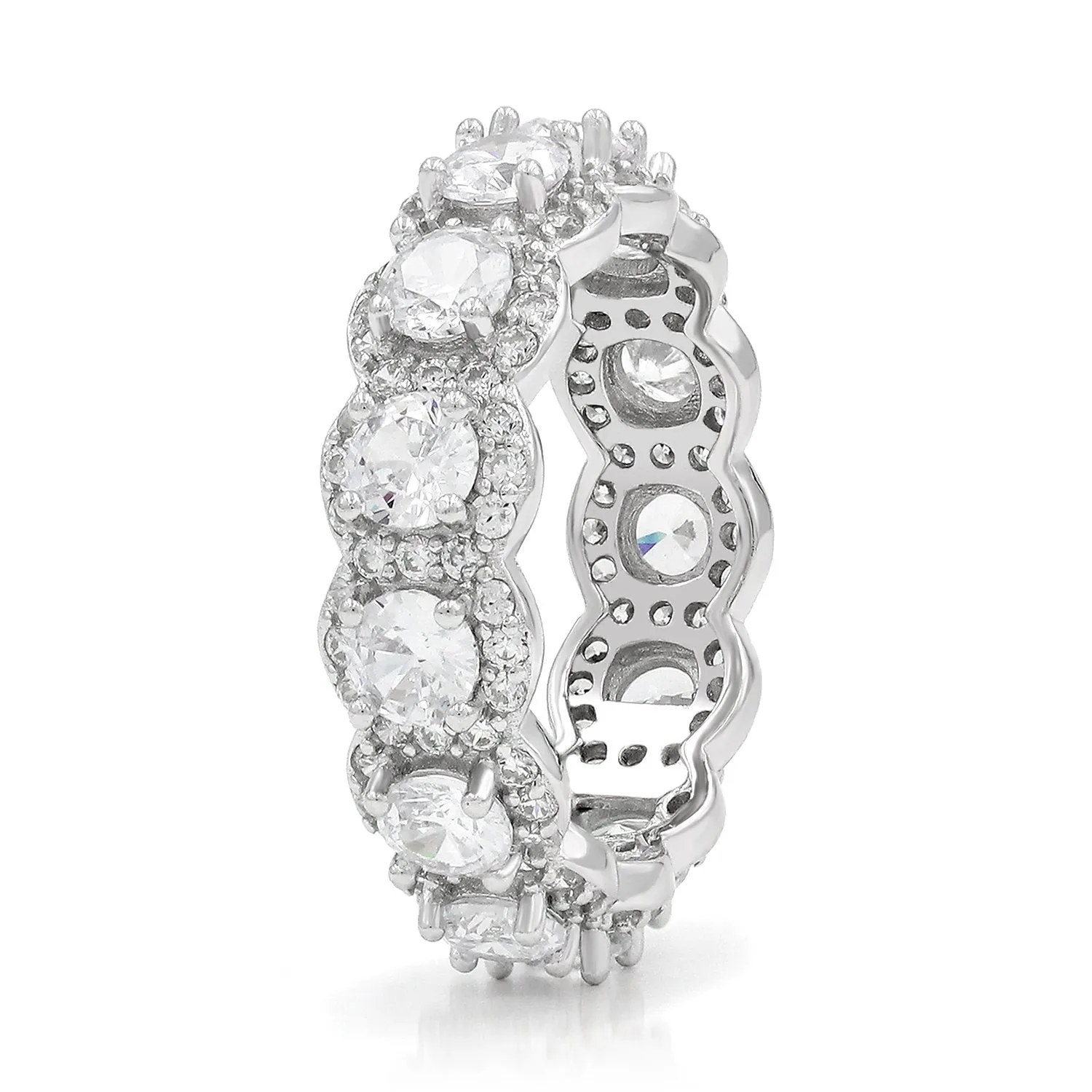 925 Sterling Silver Micro Pave Ribbed Round Halo Eternity Band Ring