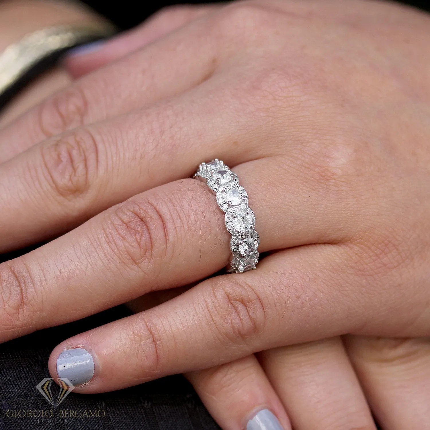 925 Sterling Silver Micro Pave Ribbed Round Halo Eternity Band Ring