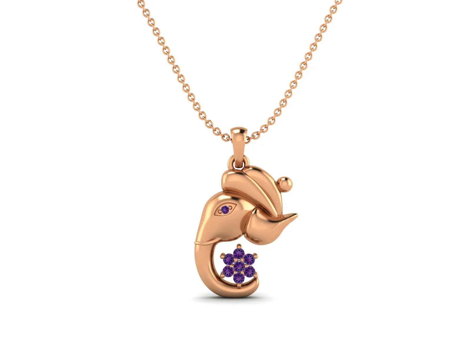 925 Sterling Silver Round Amethyst Hindu Religious Ganesh Men Women Necklace