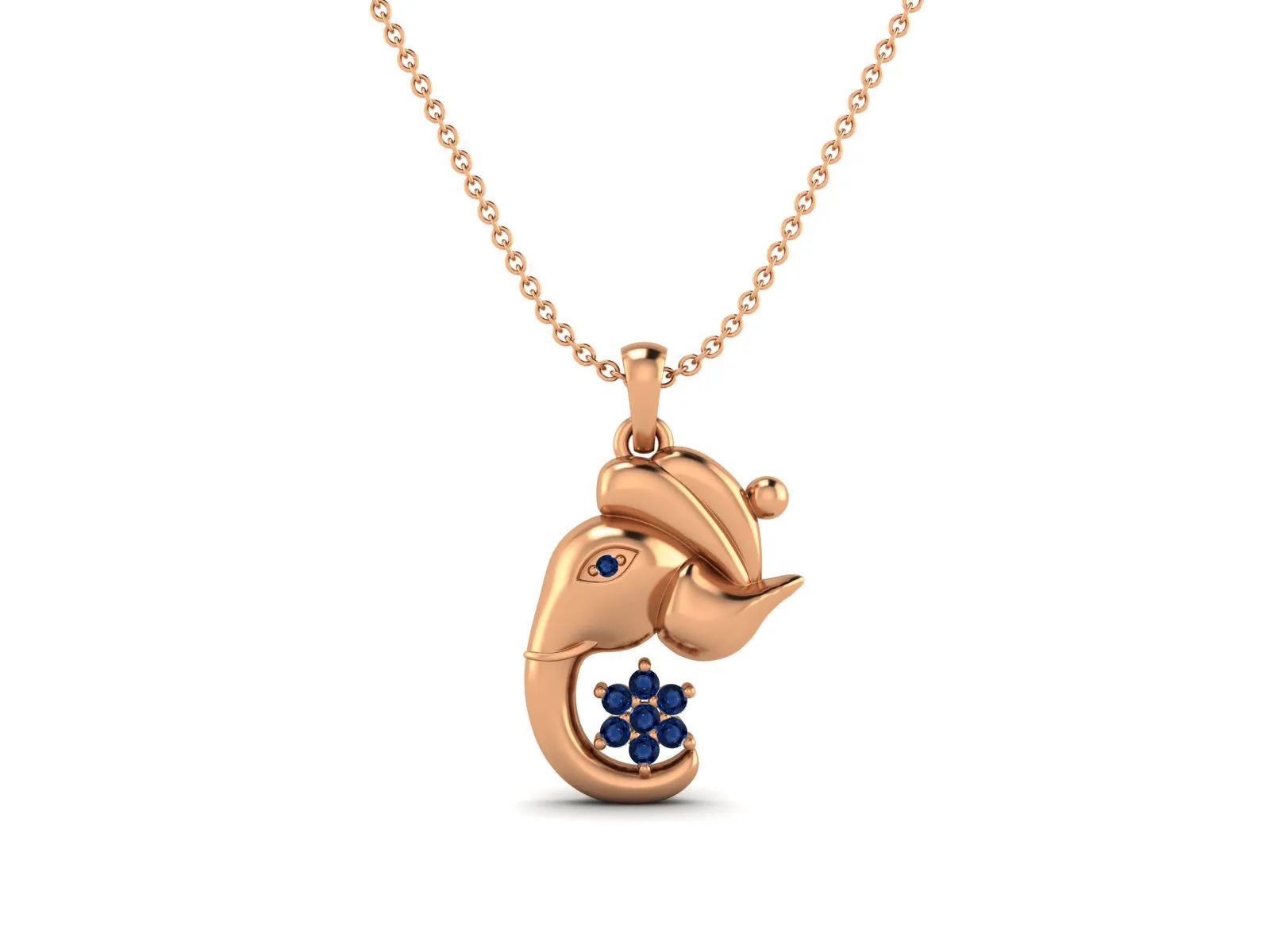 925 Sterling Silver Round Blue Sapphire Hindu Religious Ganesh Men Women Necklace