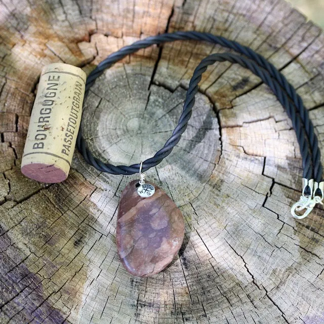 Adventure series stone pendant necklace with sterling compass charm on rubber cord