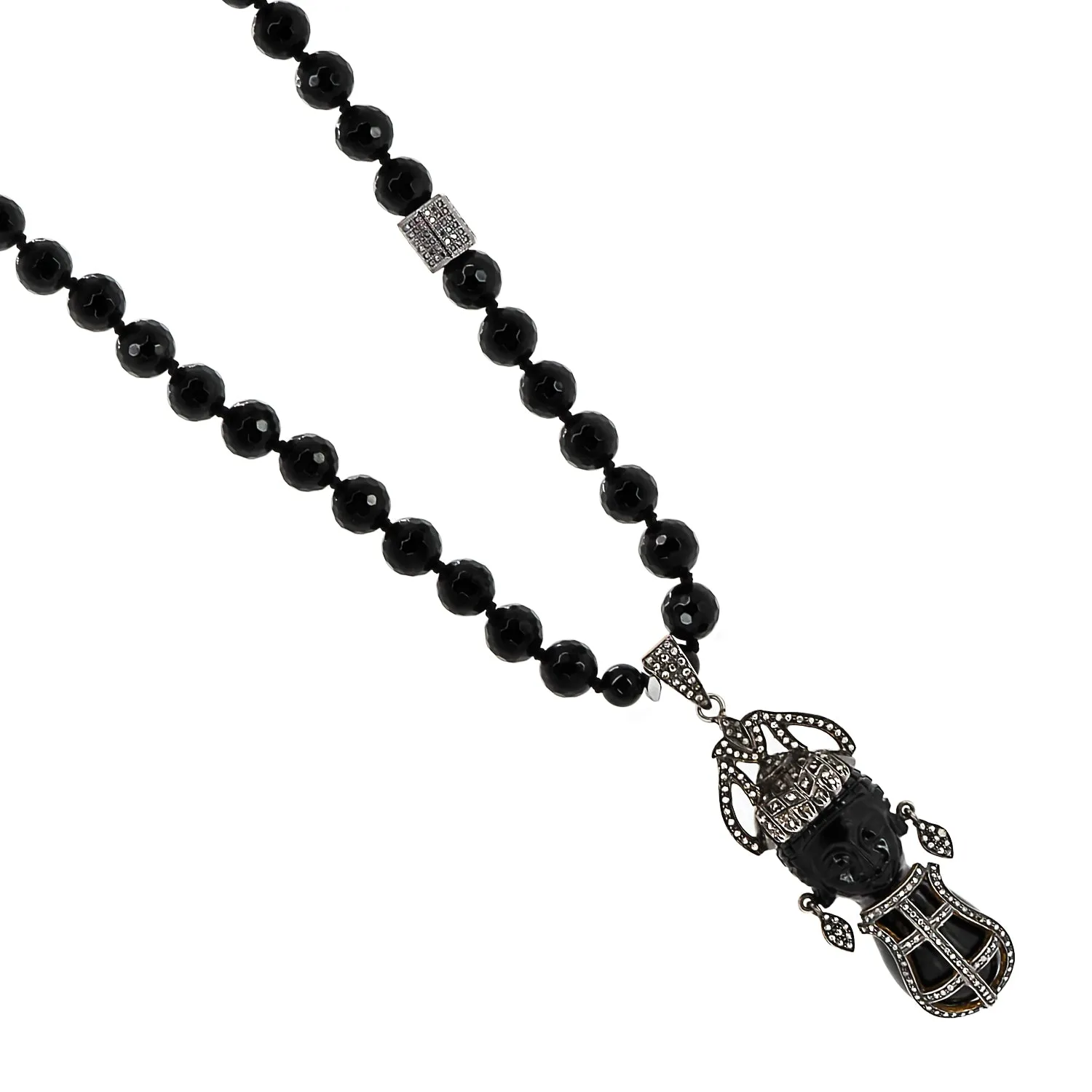 African Queen Pave Diamond Pendant Black Onyx Stone Beaded Necklace