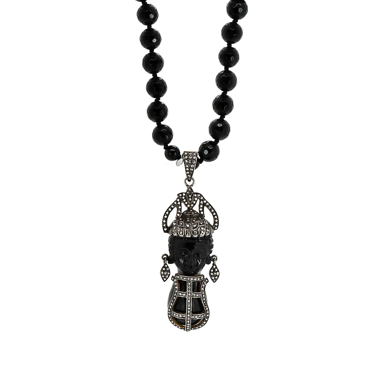 African Queen Pave Diamond Pendant Black Onyx Stone Beaded Necklace