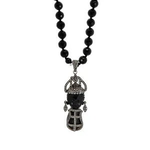 African Queen Pave Diamond Pendant Black Onyx Stone Beaded Necklace