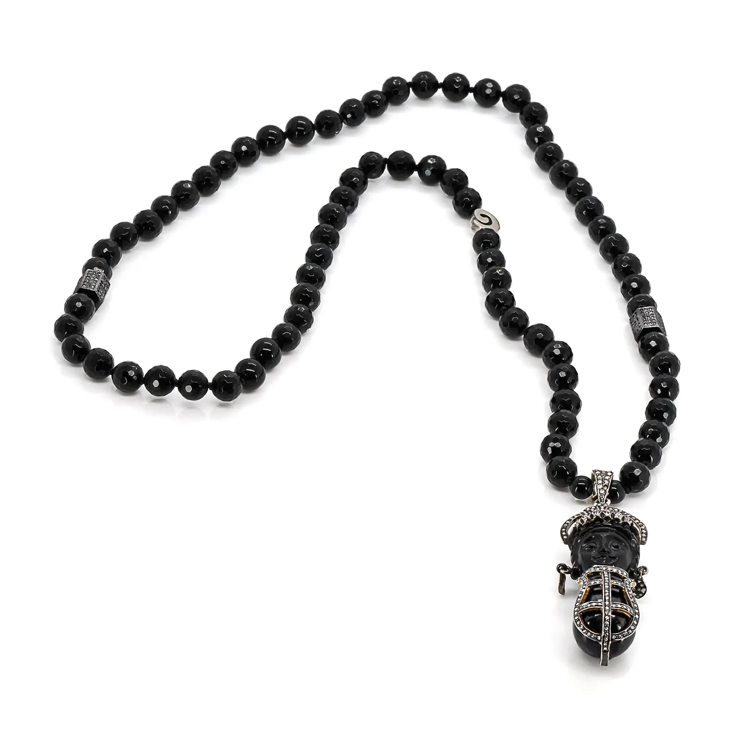 African Queen Pave Diamond Pendant Black Onyx Stone Beaded Necklace