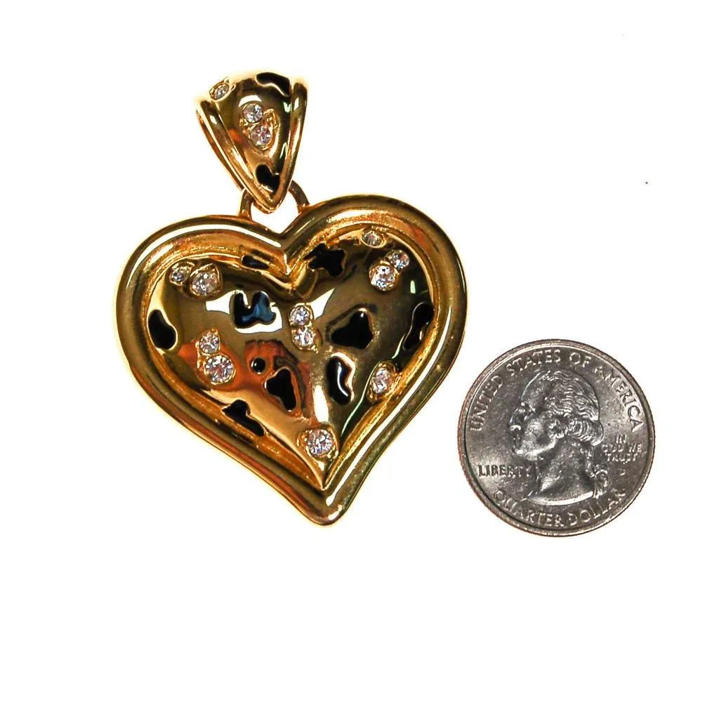 Alana Stewart Gold Puffy Heart Necklace Pendant, Leopard Print and Rhinestones, Reversible