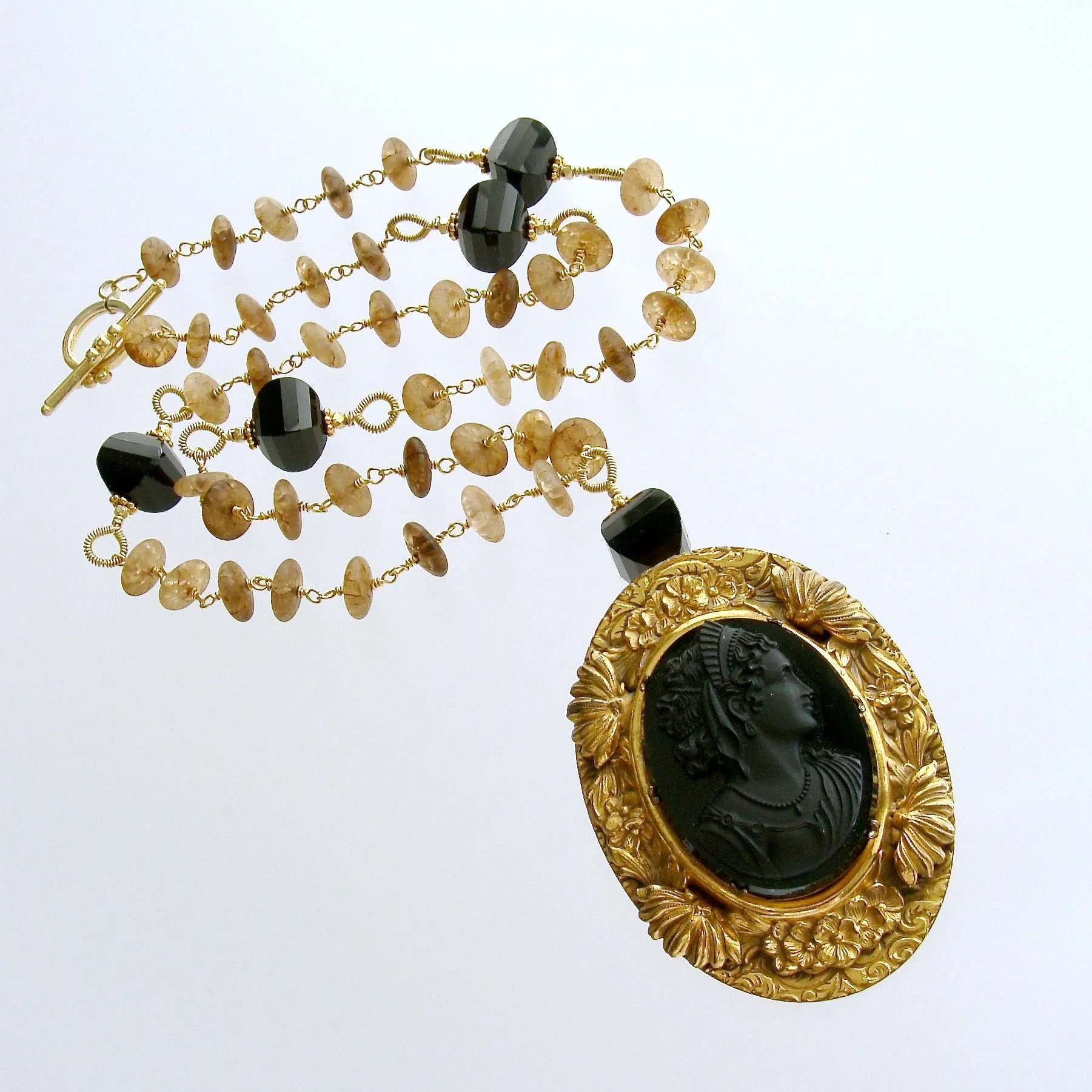 Amber Quartz Onyx Necklace Onyx Cameo Brooch Pendant - Cari Necklace