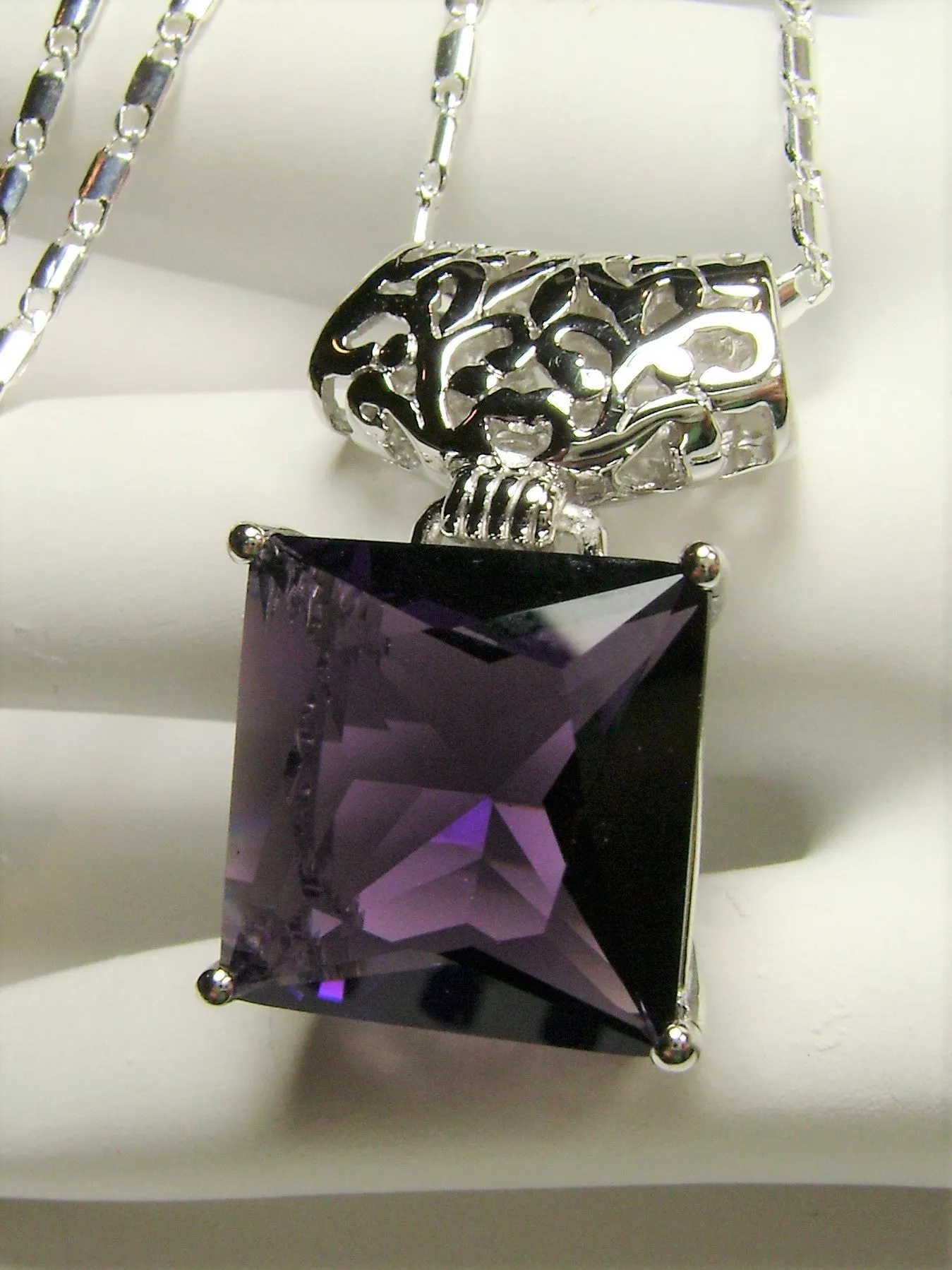 Amethyst Pendant, Square Gem, Sterling Silver Art Deco Jewelry #P45 - Ready to Ship